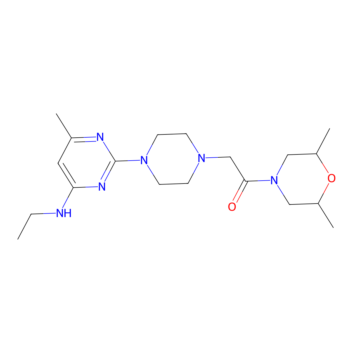 1-(2,6-Dimethylmorpholin-4-yl)-2-{4-[4-(ethylamino)-6-methylpyrimidin-2-yl]piperazin-1-yl}ethan-1-one molecular structure, CAS 2742006-52-4