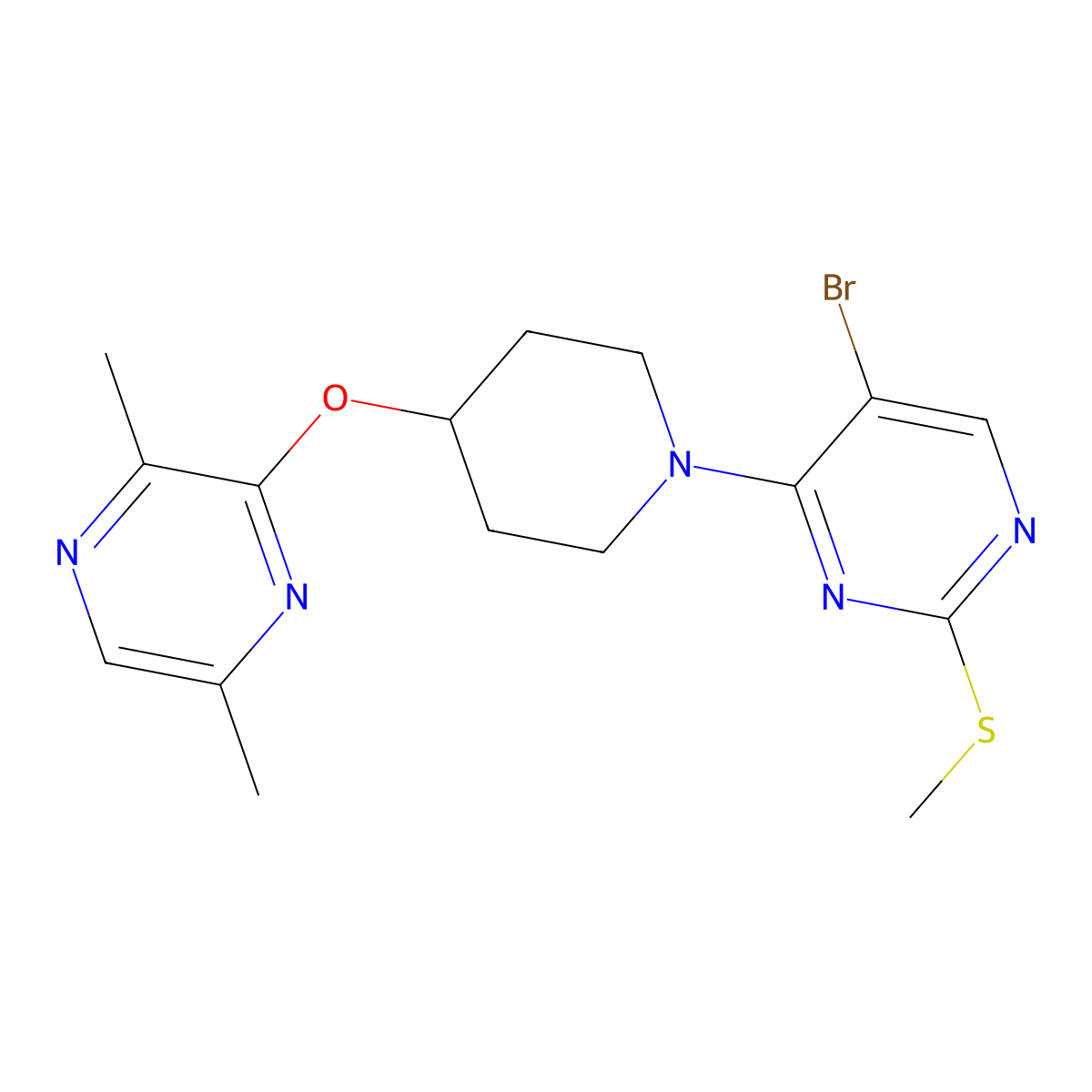 5-Bromo-4-{4-[(3,6-dimethylpyrazin-2-yl)oxy]piperidin-1-yl}-2-(methylsulfanyl)pyrimidine molecular structure, CAS 2742006-58-0