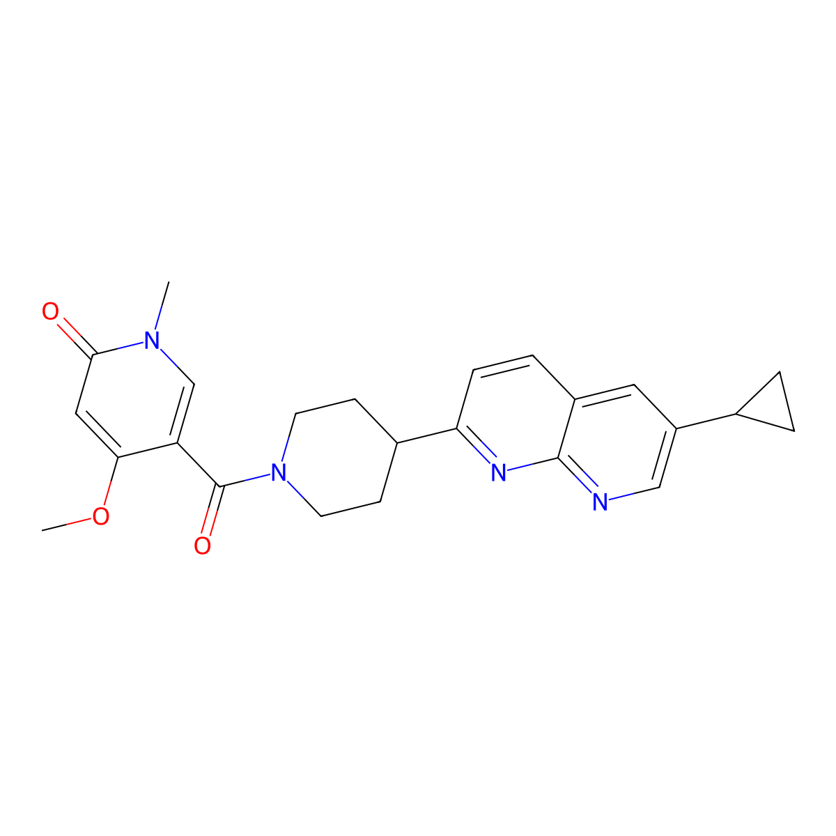 5-[4-(6-Cyclopropyl-1,8-naphthyridin-2-yl)piperidine-1-carbonyl]-4-methoxy-1-methyl-1,2-dihydropyridin-2-one molecular structure, CAS 2742006-63-7