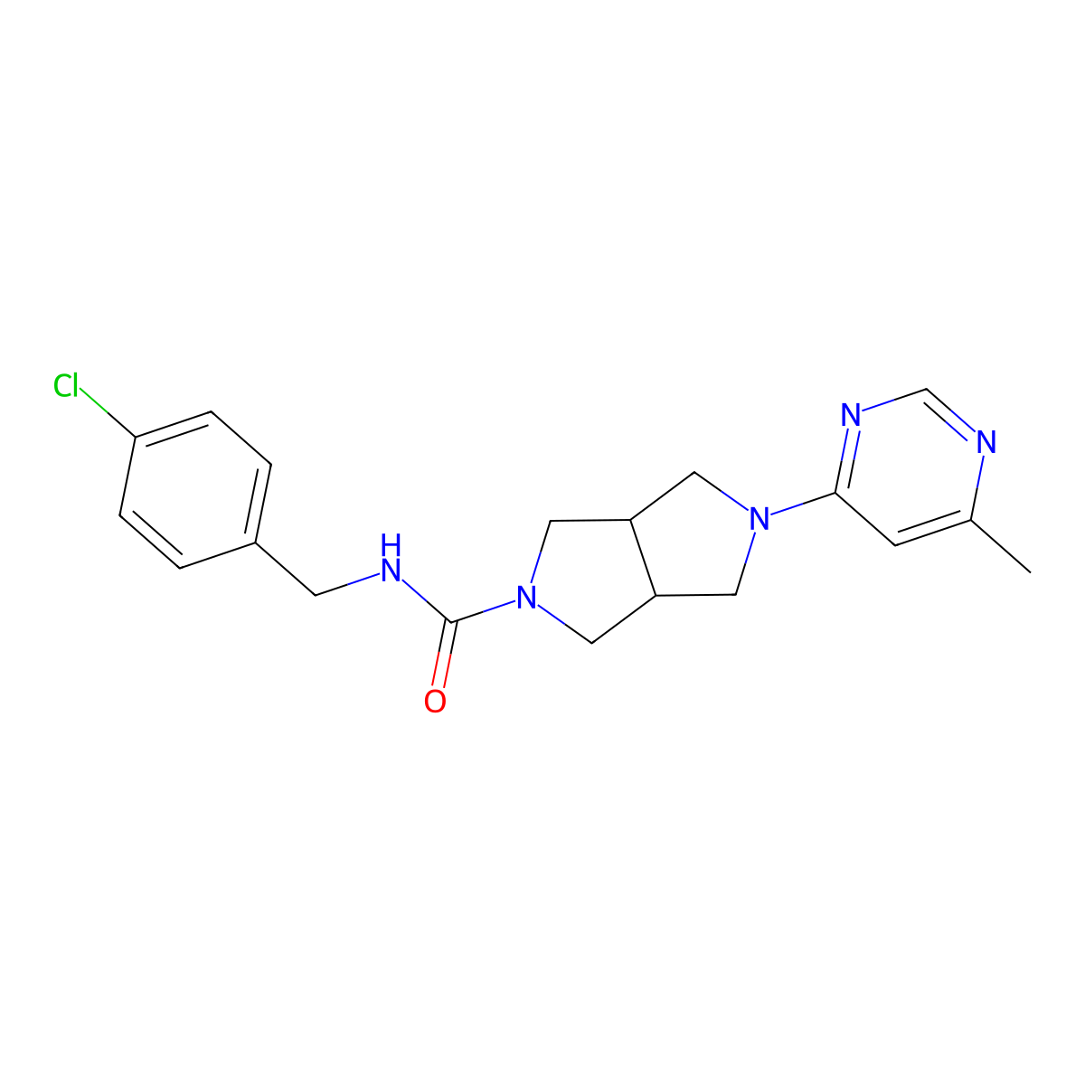N-[(4-chlorophenyl)methyl]-5-(6-methylpyrimidin-4-yl)-octahydropyrrolo[3,4-c]pyrrole-2-carboxamide molecular structure, CAS 2742006-65-9