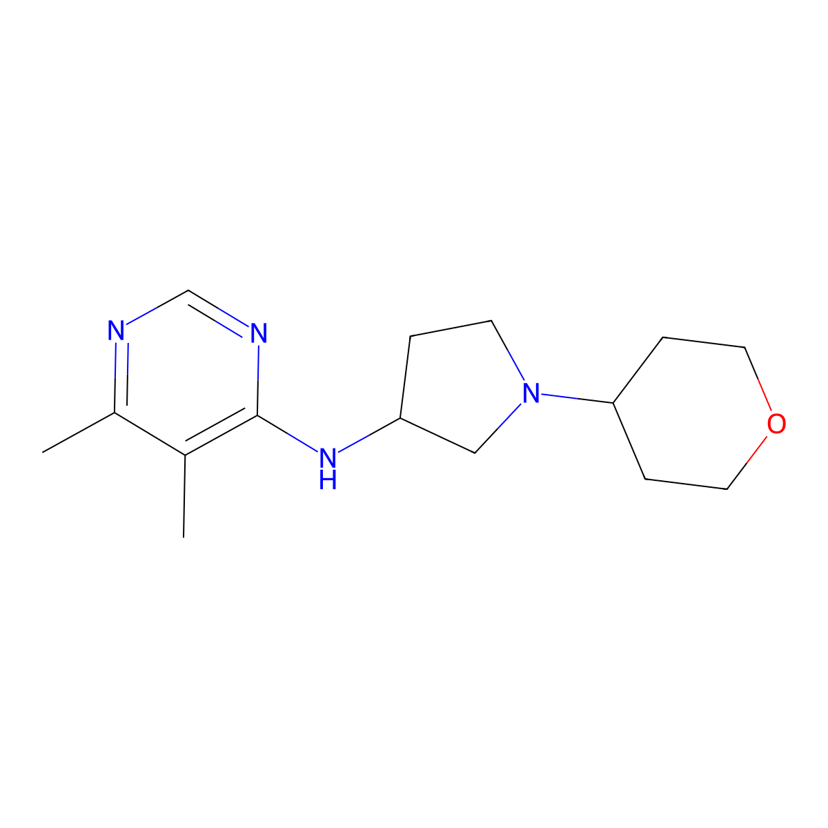 5,6-dimethyl-N-[1-(oxan-4-yl)pyrrolidin-3-yl]pyrimidin-4-amine molecular structure, CAS 2742006-68-2