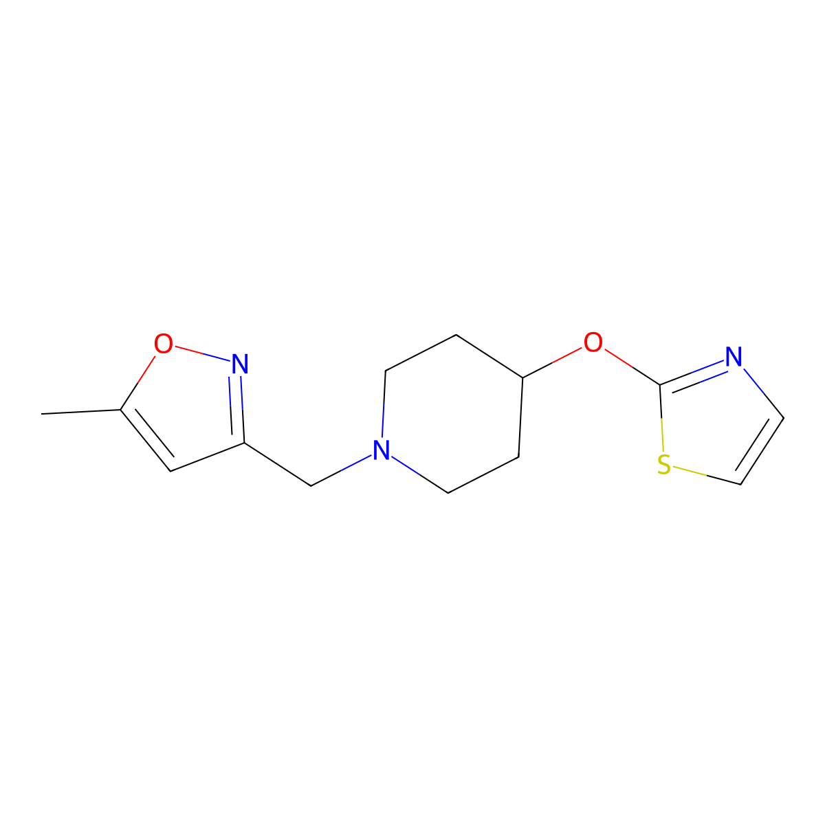 1-[(5-Methyl-1,2-oxazol-3-yl)methyl]-4-(1,3-thiazol-2-yloxy)piperidine molecular structure, CAS 2742006-69-3