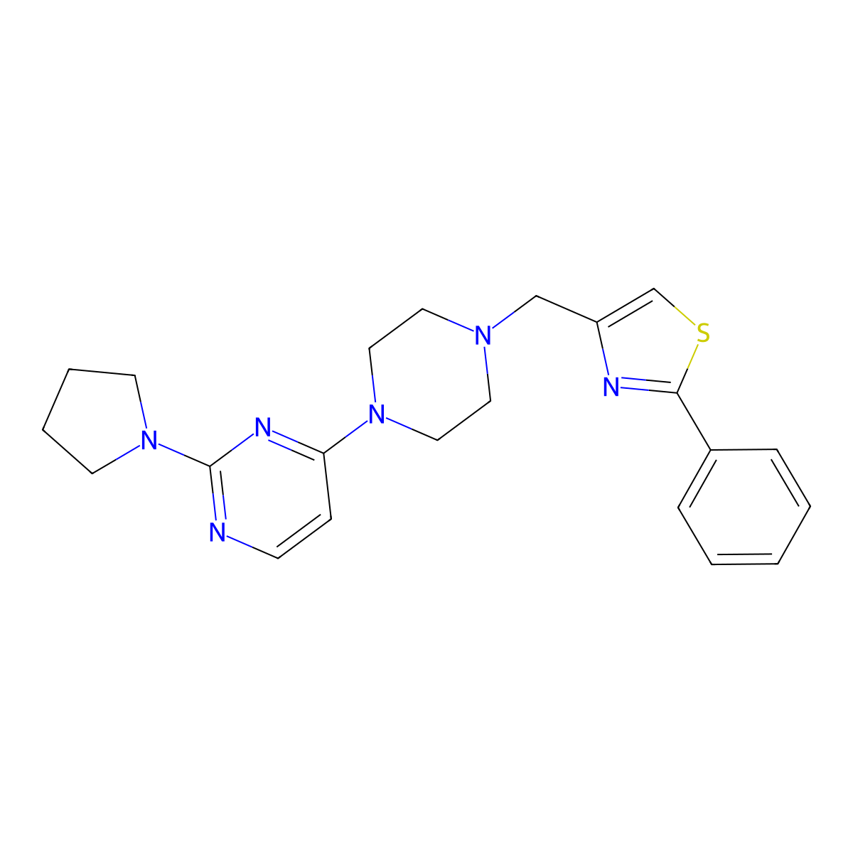 4-{4-[(2-Phenyl-1,3-thiazol-4-yl)methyl]piperazin-1-yl}-2-(pyrrolidin-1-yl)pyrimidine molecular structure, CAS 2742006-70-6