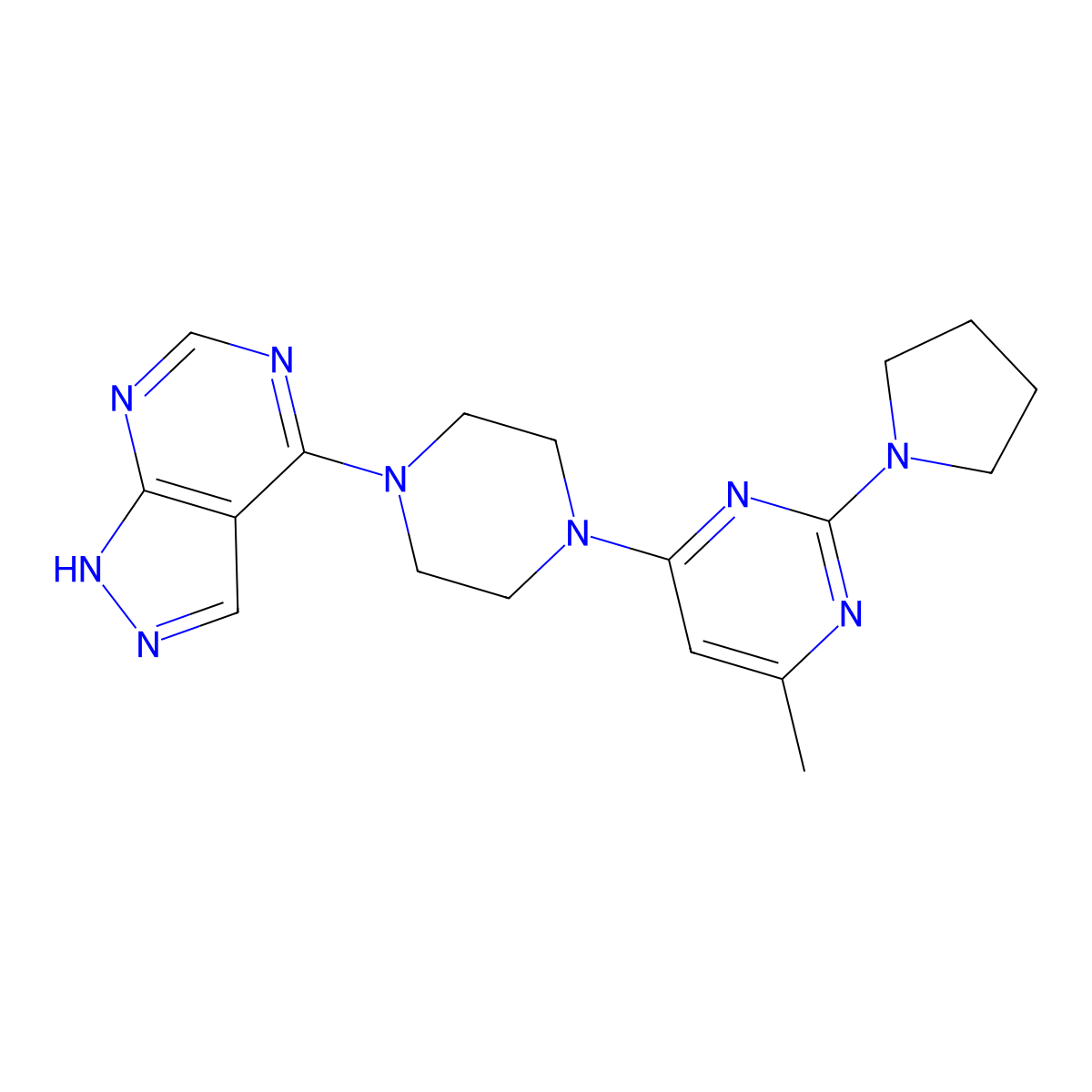 4-methyl-6-(4-{1H-pyrazolo[3,4-d]pyrimidin-4-yl}piperazin-1-yl)-2-(pyrrolidin-1-yl)pyrimidine molecular structure, CAS 2742006-79-5