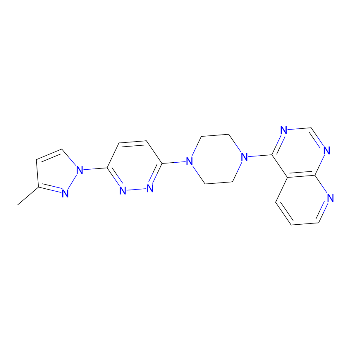 3-(3-methyl-1H-pyrazol-1-yl)-6-(4-{pyrido[2,3-d]pyrimidin-4-yl}piperazin-1-yl)pyridazine molecular structure, CAS 2742006-80-8
