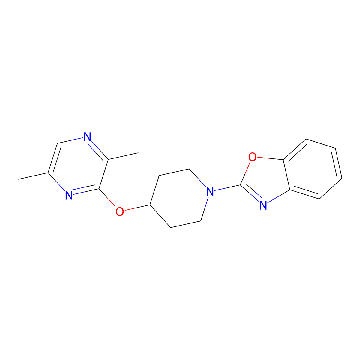 2-{4-[(3,6-Dimethylpyrazin-2-yl)oxy]piperidin-1-yl}-1,3-benzoxazole molecular structure, CAS 2742006-86-4