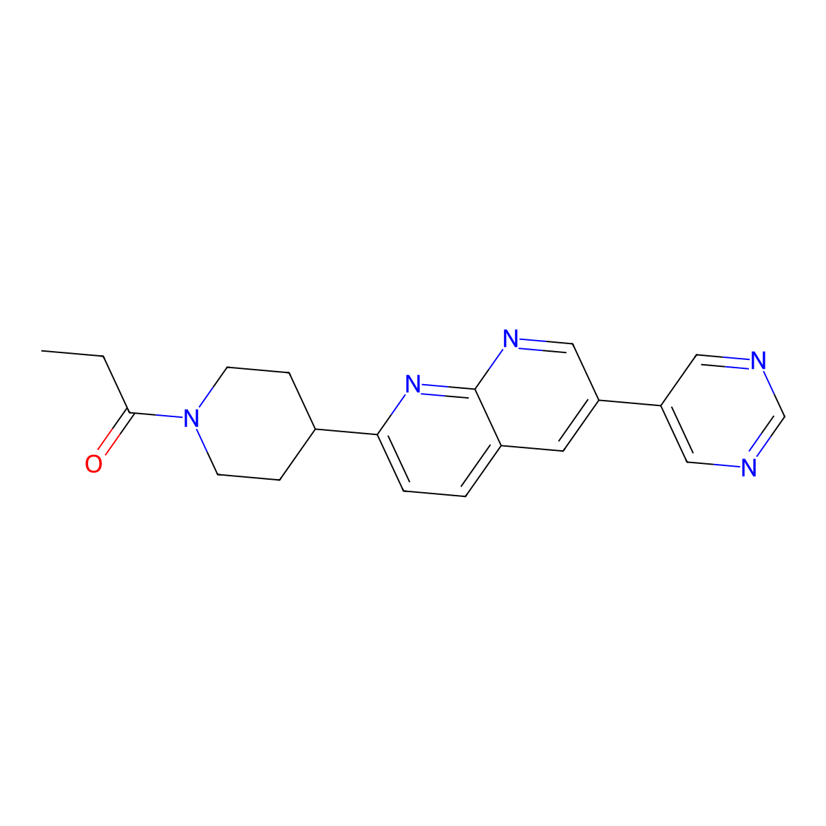 1-{4-[6-(Pyrimidin-5-yl)-1,8-naphthyridin-2-yl]piperidin-1-yl}propan-1-one molecular structure, CAS 2742006-89-7