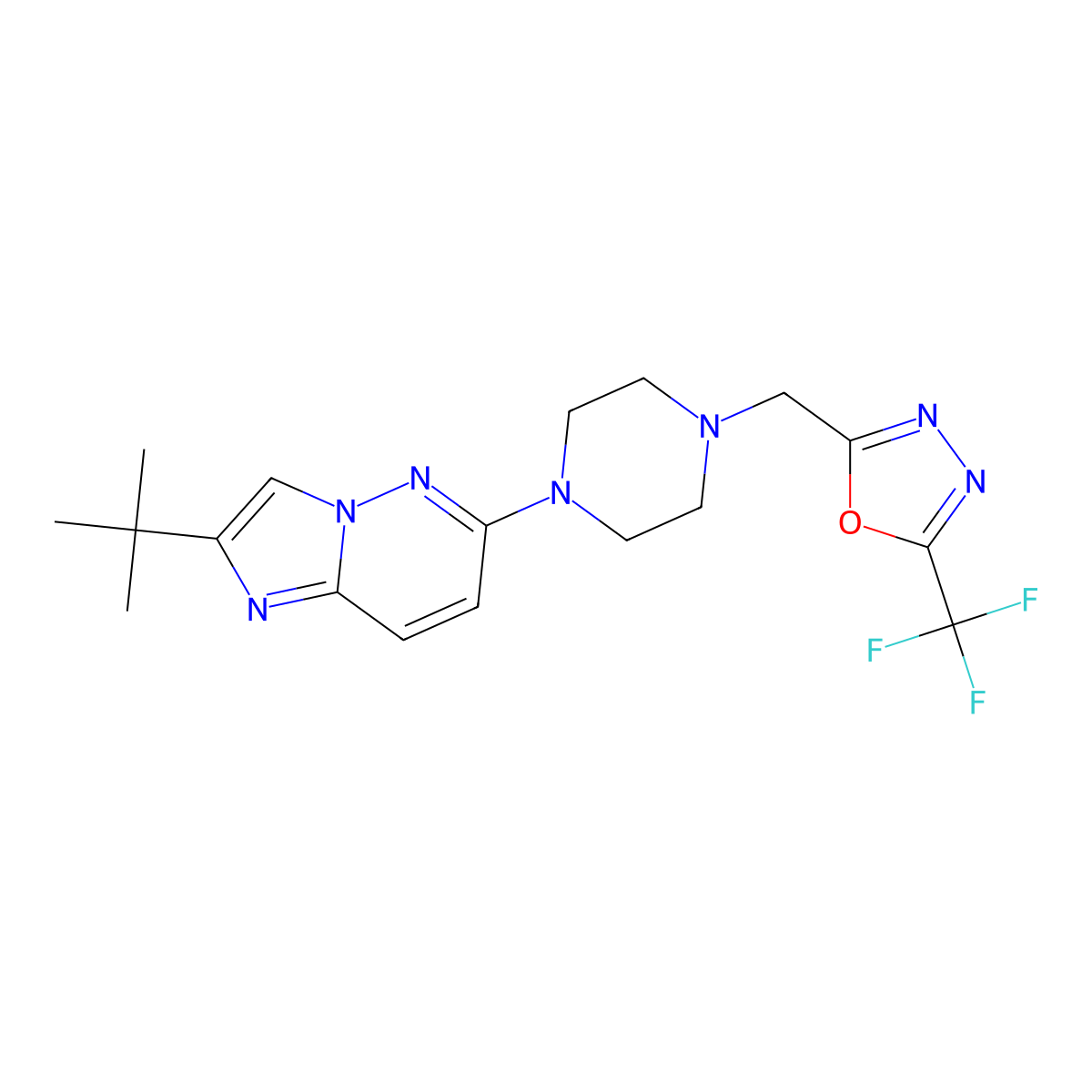 1-{2-Tert-butylimidazo[1,2-b]pyridazin-6-yl}-4-{[5-(trifluoromethyl)-1,3,4-oxadiazol-2-yl]methyl}piperazine molecular structure, CAS 2742007-02-7