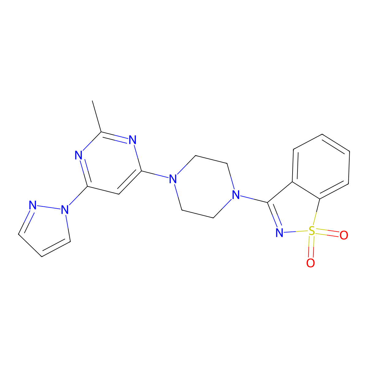 3-{4-[2-methyl-6-(1H-pyrazol-1-yl)pyrimidin-4-yl]piperazin-1-yl}-1lambda6,2-benzothiazole-1,1-dione molecular structure, CAS 2742007-10-7