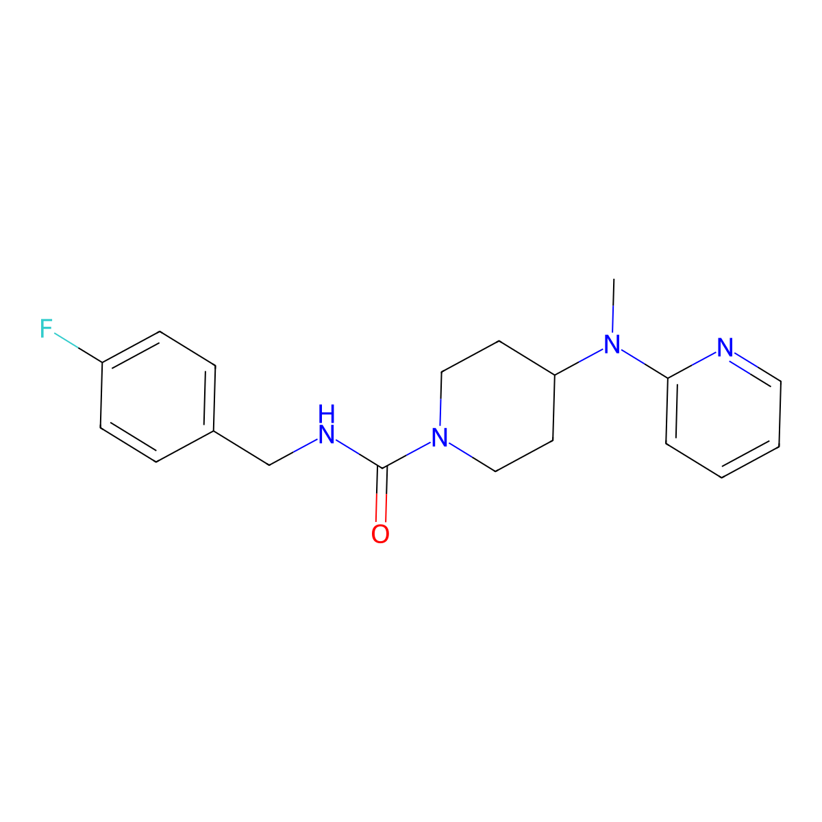 N-[(4-fluorophenyl)methyl]-4-[methyl(pyridin-2-yl)amino]piperidine-1-carboxamide molecular structure, CAS 2742007-16-3