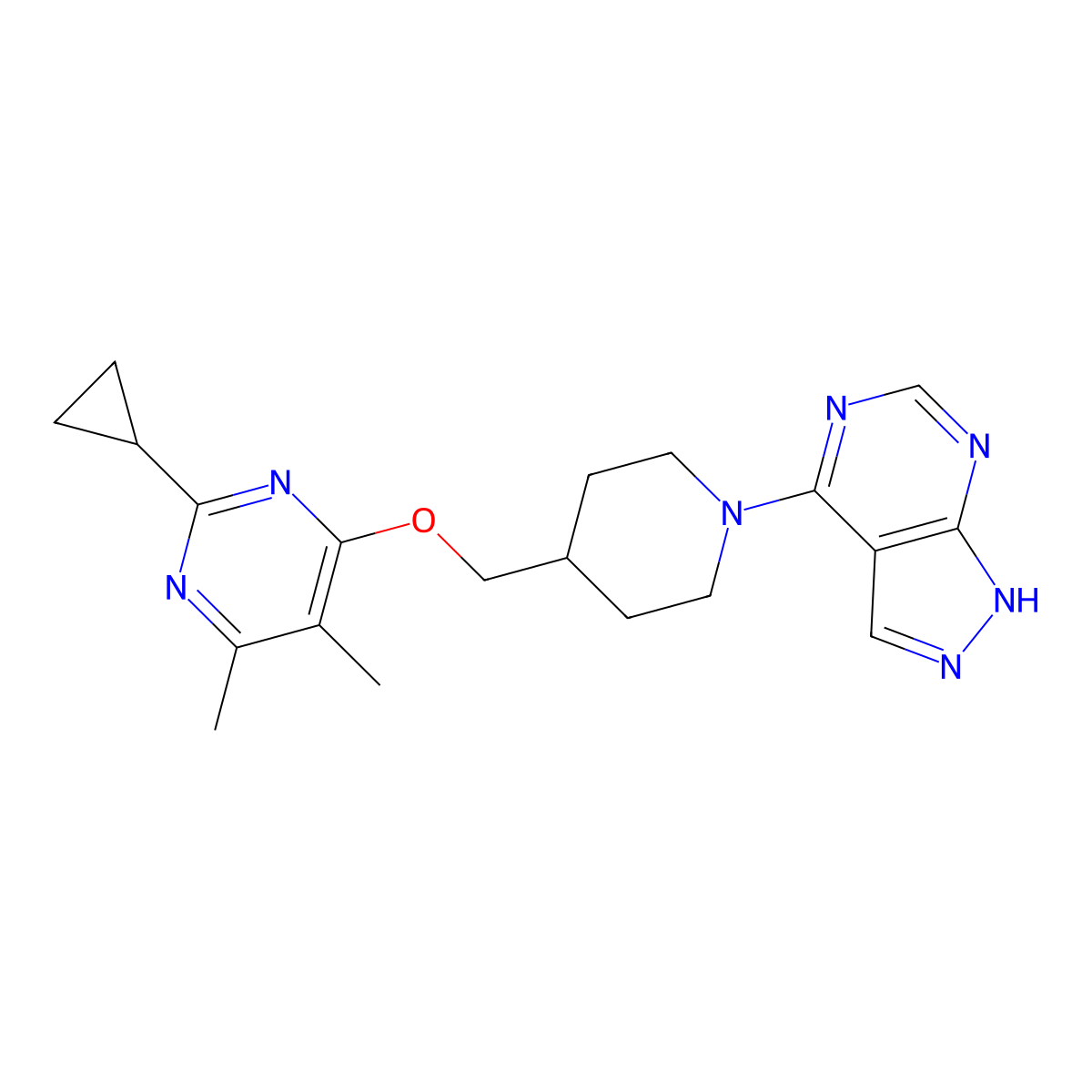 2-cyclopropyl-4,5-dimethyl-6-[(1-{1H-pyrazolo[3,4-d]pyrimidin-4-yl}piperidin-4-yl)methoxy]pyrimidine molecular structure, CAS 2742007-21-0