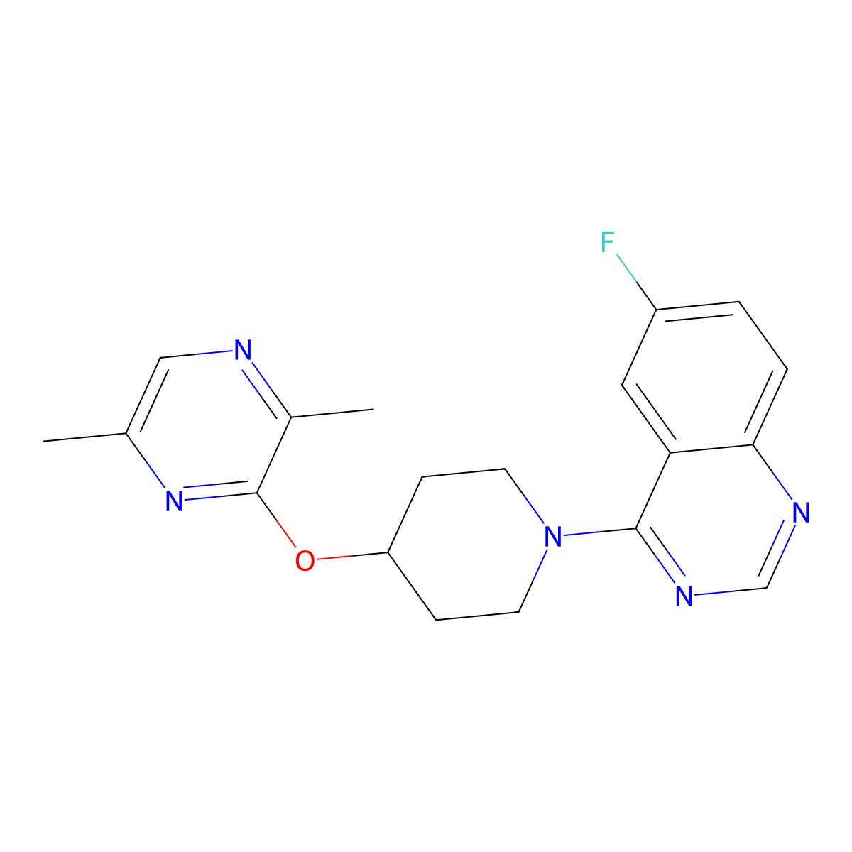 4-{4-[(3,6-Dimethylpyrazin-2-yl)oxy]piperidin-1-yl}-6-fluoroquinazoline molecular structure, CAS 2742007-29-8