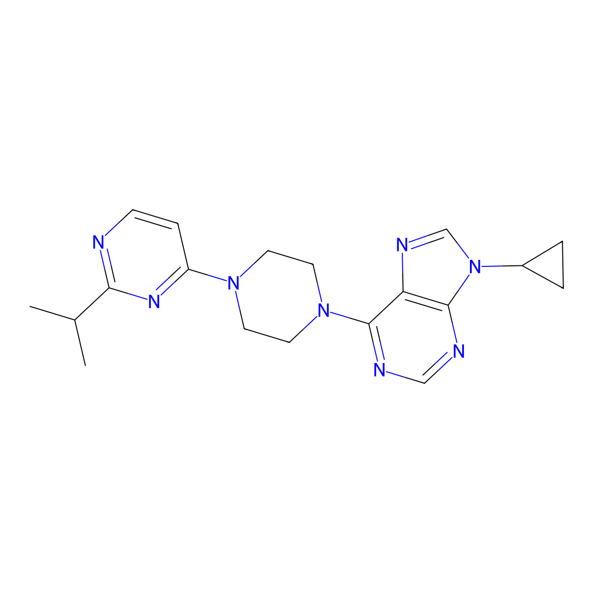 9-cyclopropyl-6-{4-[2-(propan-2-yl)pyrimidin-4-yl]piperazin-1-yl}-9H-purine molecular structure, CAS 2742007-42-5