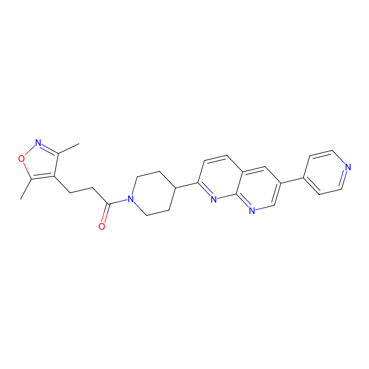 3-(3,5-Dimethyl-1,2-oxazol-4-yl)-1-{4-[6-(pyridin-4-yl)-1,8-naphthyridin-2-yl]piperidin-1-yl}propan-1-one molecular structure, CAS 2742007-50-5