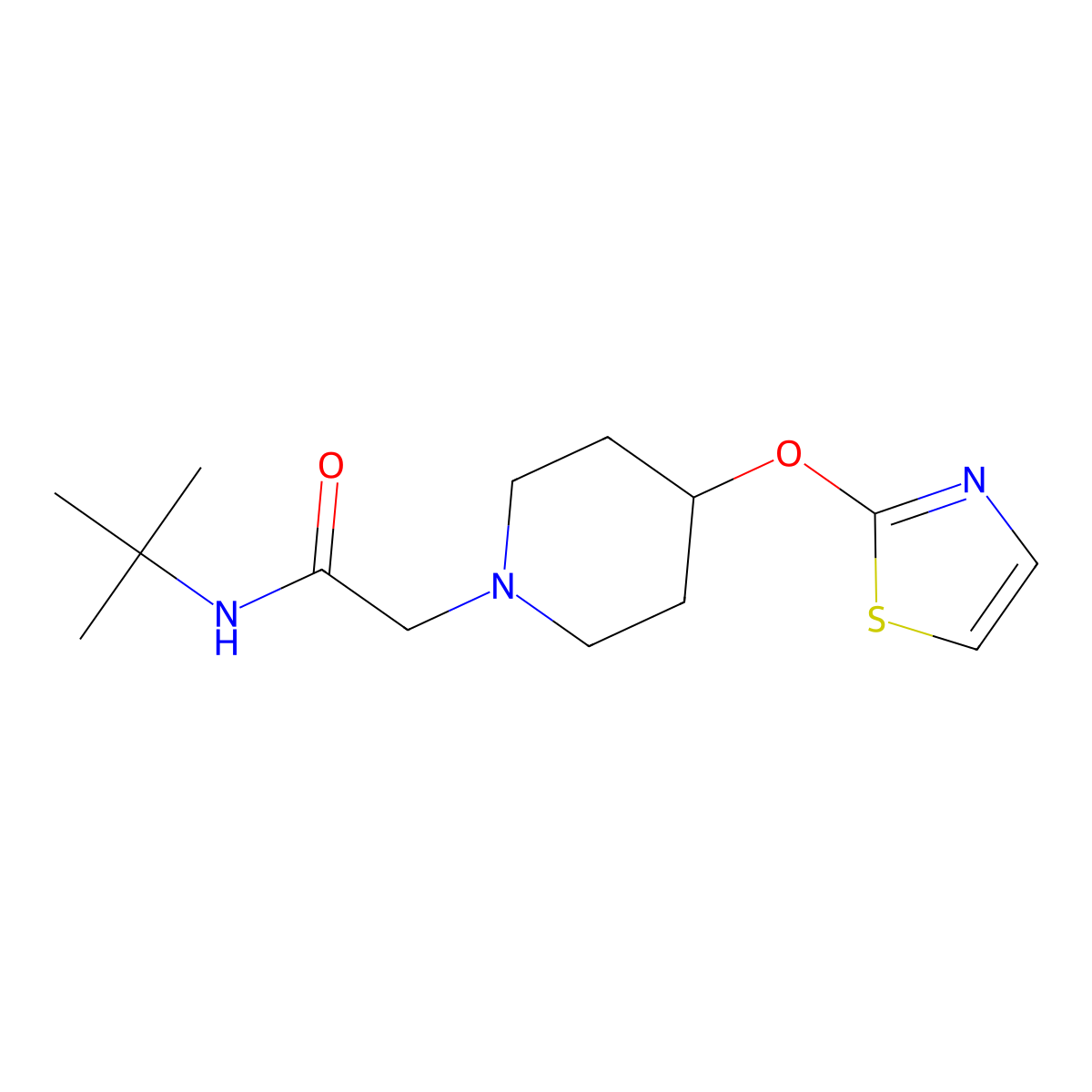 N-tert-butyl-2-[4-(1,3-thiazol-2-yloxy)piperidin-1-yl]acetamide molecular structure, CAS 2742007-60-7