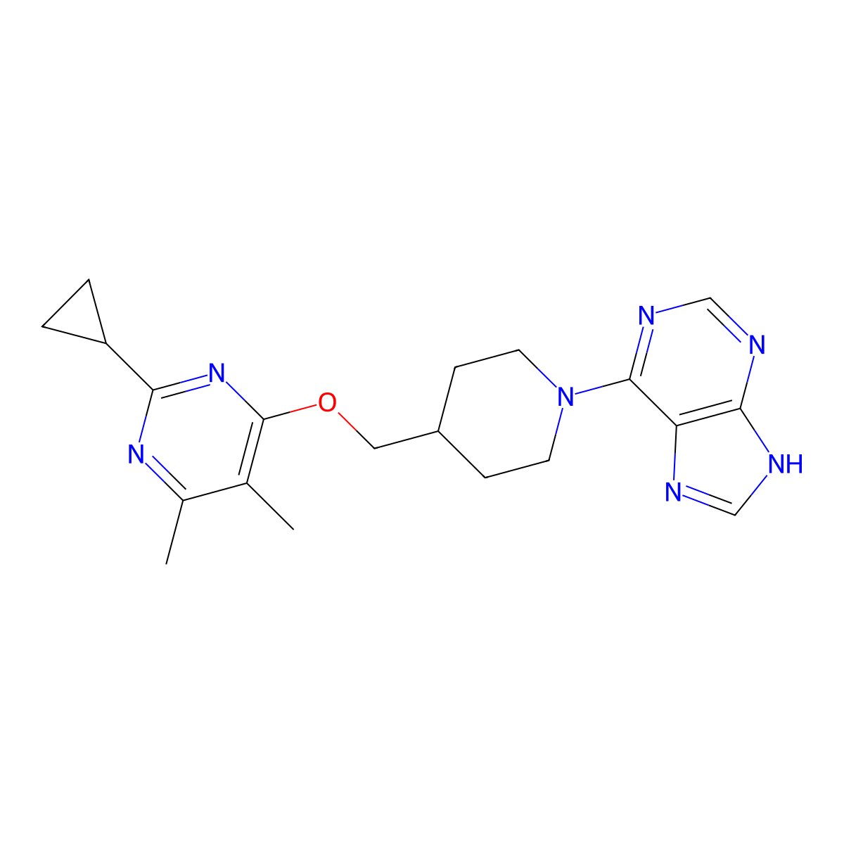 6-(4-{[(2-cyclopropyl-5,6-dimethylpyrimidin-4-yl)oxy]methyl}piperidin-1-yl)-9H-purine molecular structure, CAS 2742010-27-9