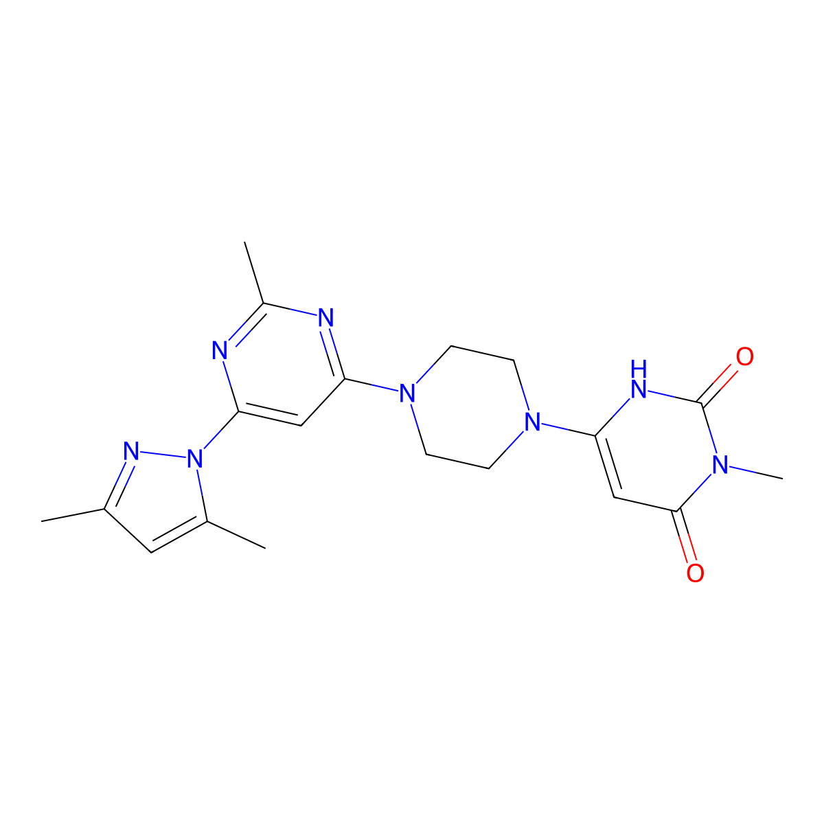 6-{4-[6-(3,5-dimethyl-1H-pyrazol-1-yl)-2-methylpyrimidin-4-yl]piperazin-1-yl}-3-methyl-1,2,3,4-tetrahydropyrimidine-2,4-dione molecular structure, CAS 2742010-35-9