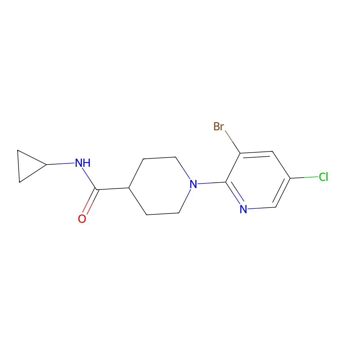 1-(3-bromo-5-chloropyridin-2-yl)-N-cyclopropylpiperidine-4-carboxamide molecular structure, CAS 2742010-42-8