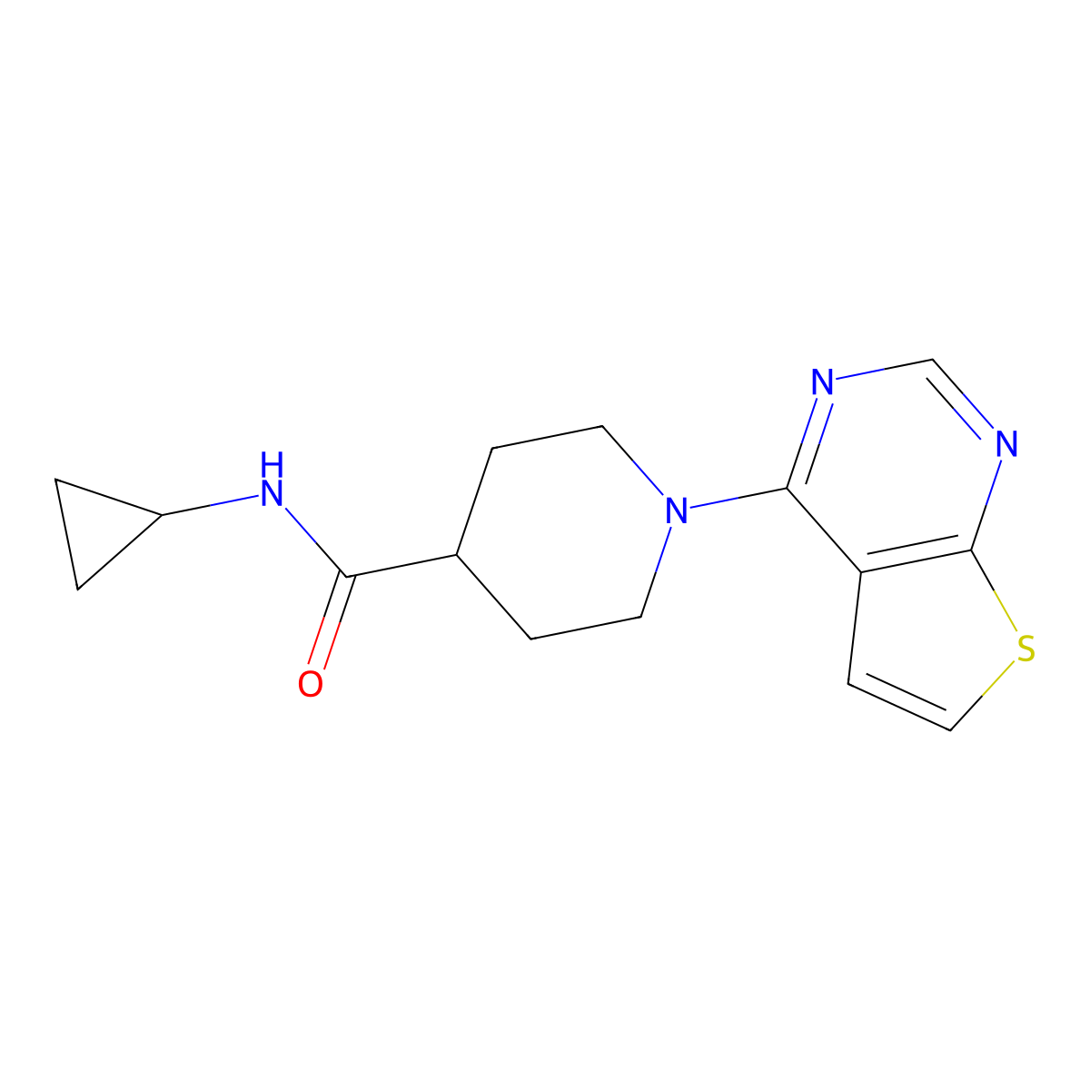 N-cyclopropyl-1-{thieno[2,3-d]pyrimidin-4-yl}piperidine-4-carboxamide molecular structure, CAS 2742010-51-9