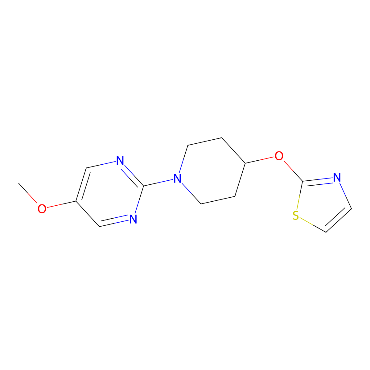 5-Methoxy-2-[4-(1,3-thiazol-2-yloxy)piperidin-1-yl]pyrimidine molecular structure, CAS 2742010-60-0