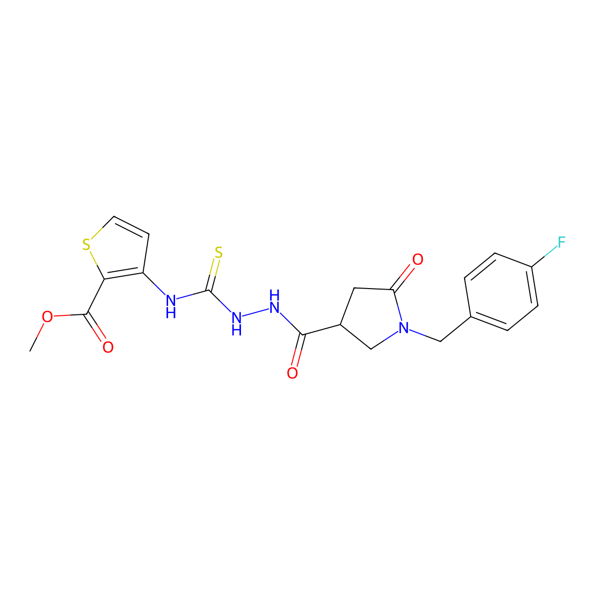 Methyl 3-{[({1-[(4-fluorophenyl)methyl]-5-oxopyrrolidin-3-yl}formohydrazido)methanethioyl]amino}thiophene-2-carboxylate molecular structure, CAS 2742010-62-2