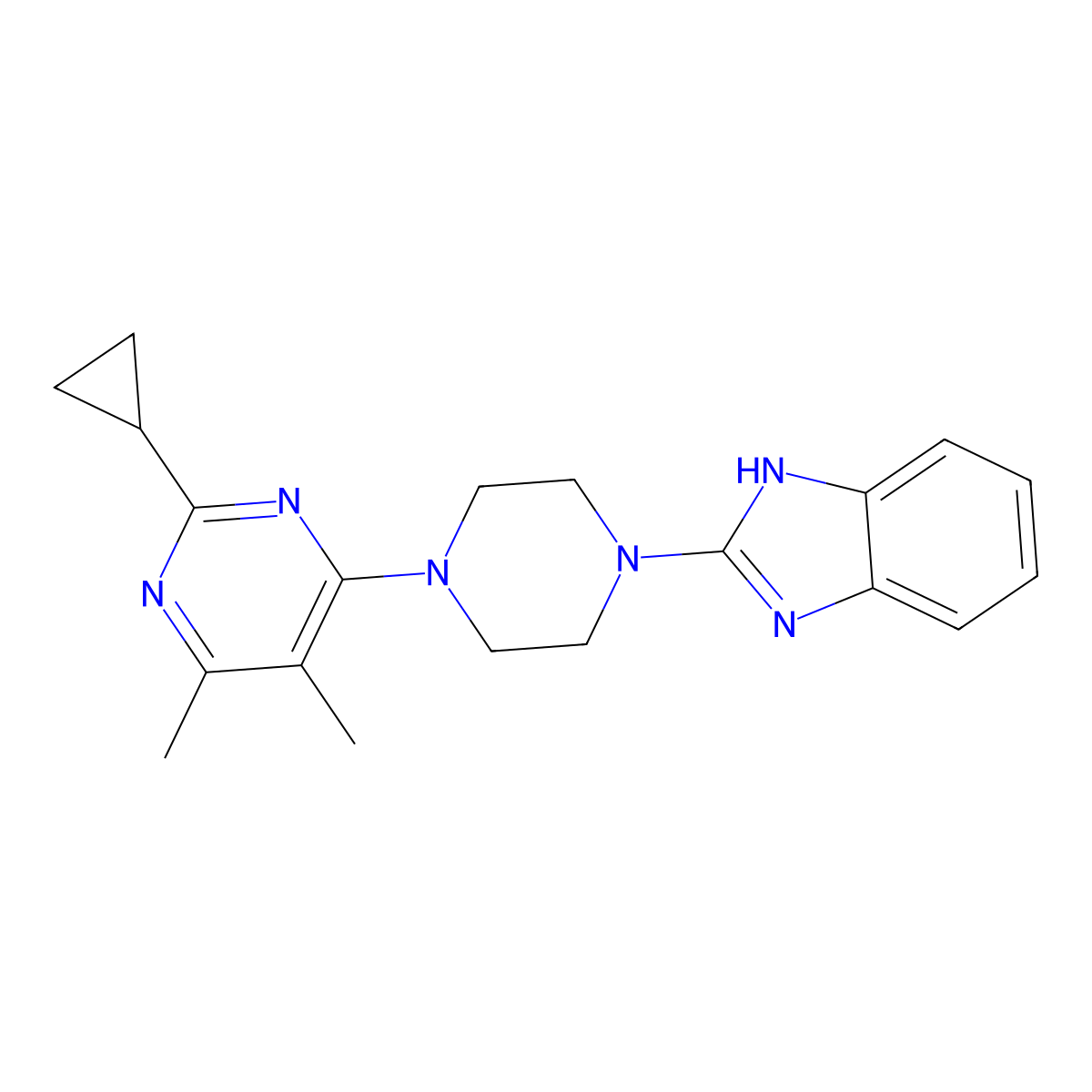 2-[4-(2-cyclopropyl-5,6-dimethylpyrimidin-4-yl)piperazin-1-yl]-1H-1,3-benzodiazole molecular structure, CAS 2742010-65-5