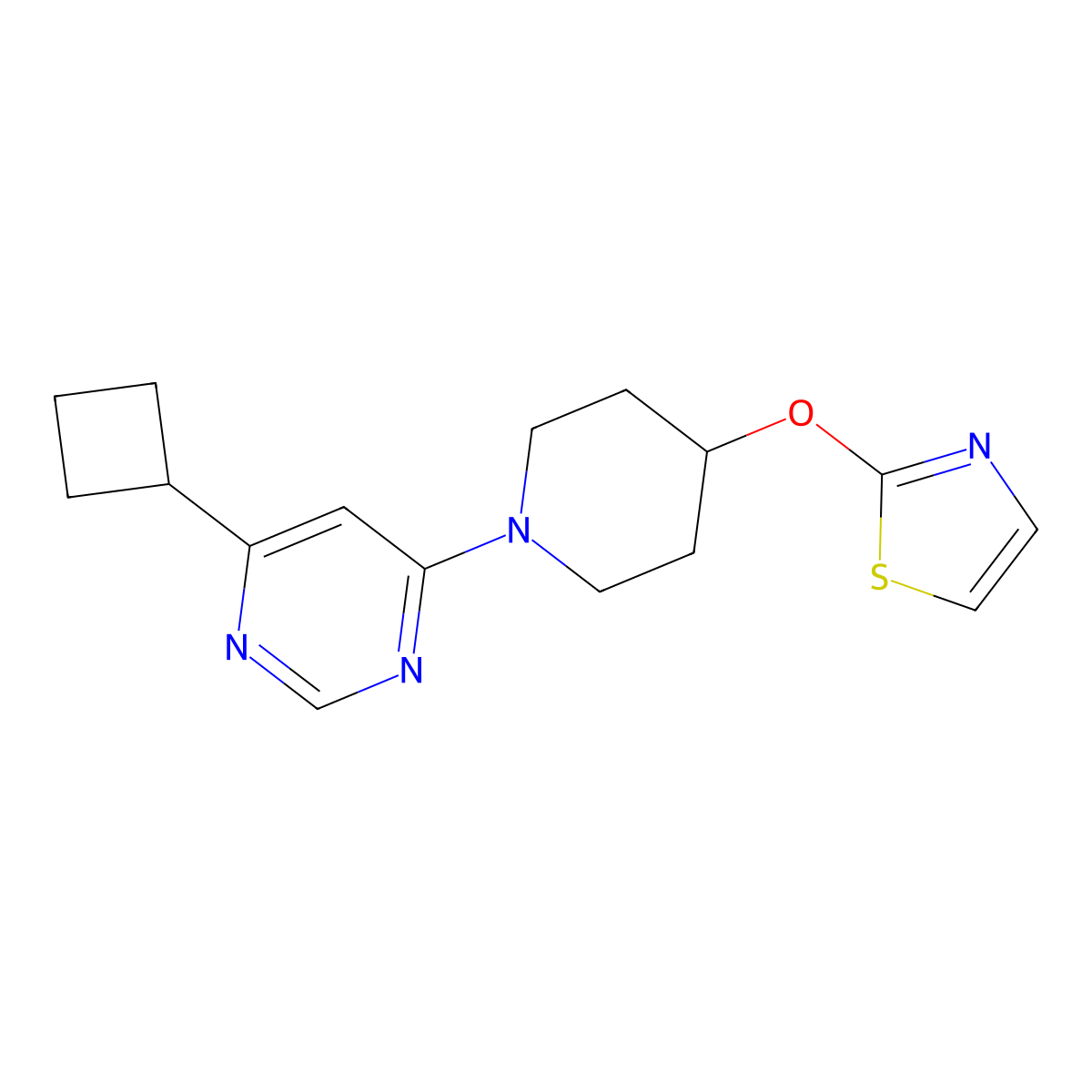 4-Cyclobutyl-6-[4-(1,3-thiazol-2-yloxy)piperidin-1-yl]pyrimidine molecular structure, CAS 2742010-66-6