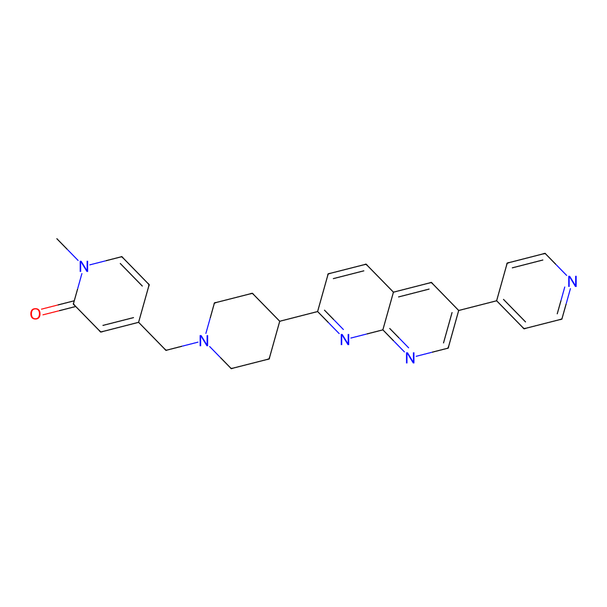 1-Methyl-4-({4-[6-(pyridin-4-yl)-1,8-naphthyridin-2-yl]piperidin-1-yl}methyl)-1,2-dihydropyridin-2-one molecular structure, CAS 2742010-67-7