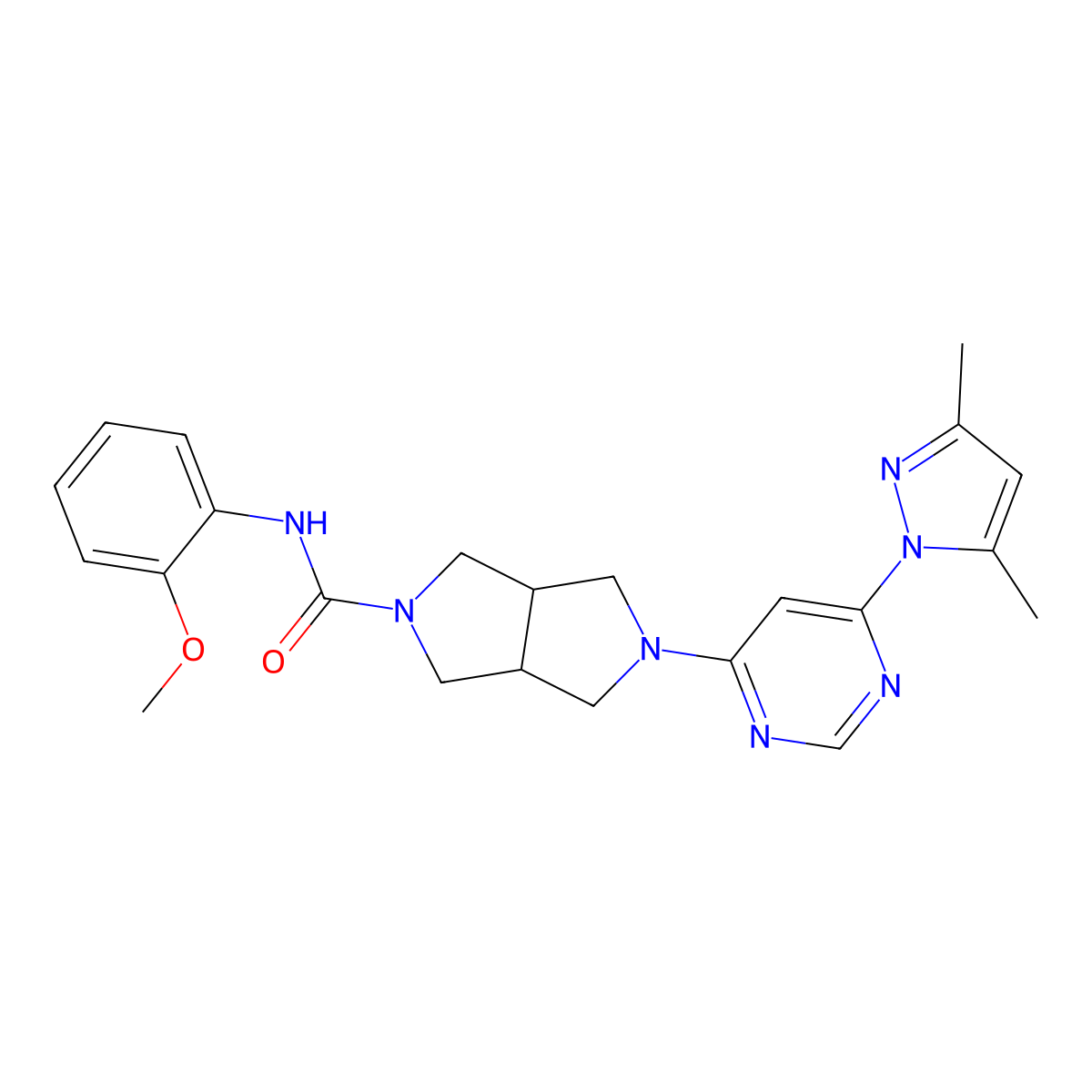 5-[6-(3,5-dimethyl-1H-pyrazol-1-yl)pyrimidin-4-yl]-N-(2-methoxyphenyl)-octahydropyrrolo[3,4-c]pyrrole-2-carboxamide molecular structure, CAS 2742010-78-0