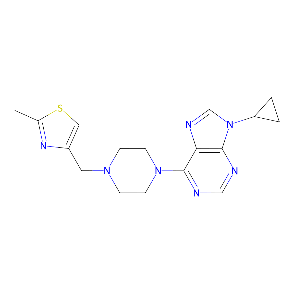 9-cyclopropyl-6-{4-[(2-methyl-1,3-thiazol-4-yl)methyl]piperazin-1-yl}-9H-purine molecular structure, CAS 2742010-80-4