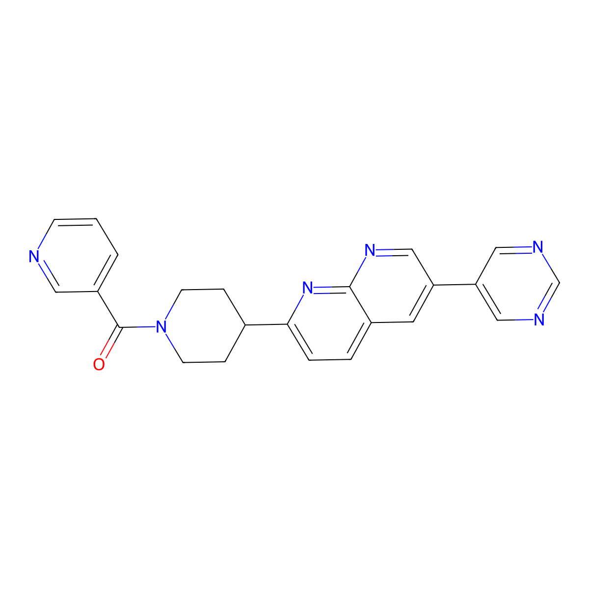 2-[1-(Pyridine-3-carbonyl)piperidin-4-yl]-6-(pyrimidin-5-yl)-1,8-naphthyridine molecular structure, CAS 2742010-81-5