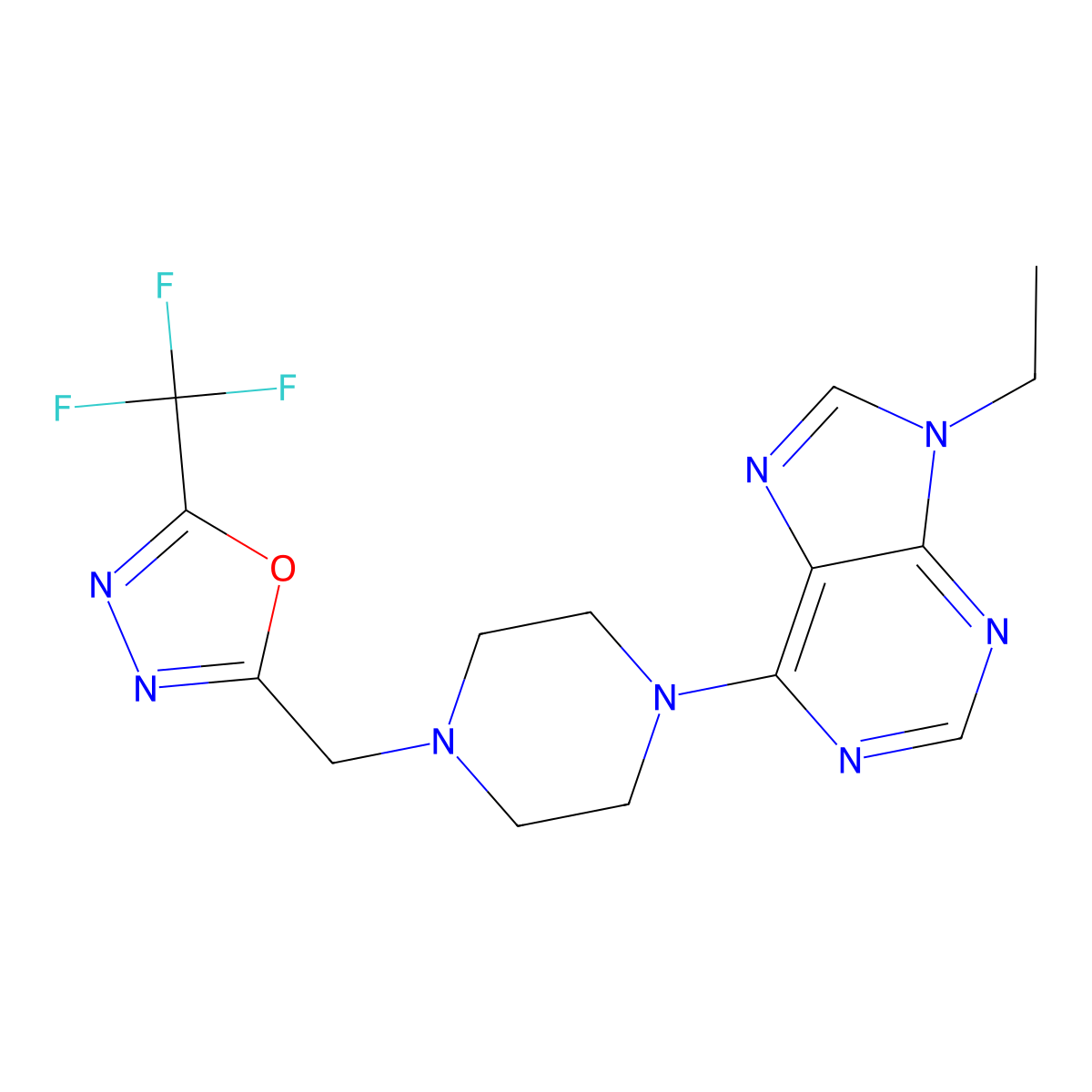 9-ethyl-6-(4-{[5-(trifluoromethyl)-1,3,4-oxadiazol-2-yl]methyl}piperazin-1-yl)-9H-purine molecular structure, CAS 2742010-85-9