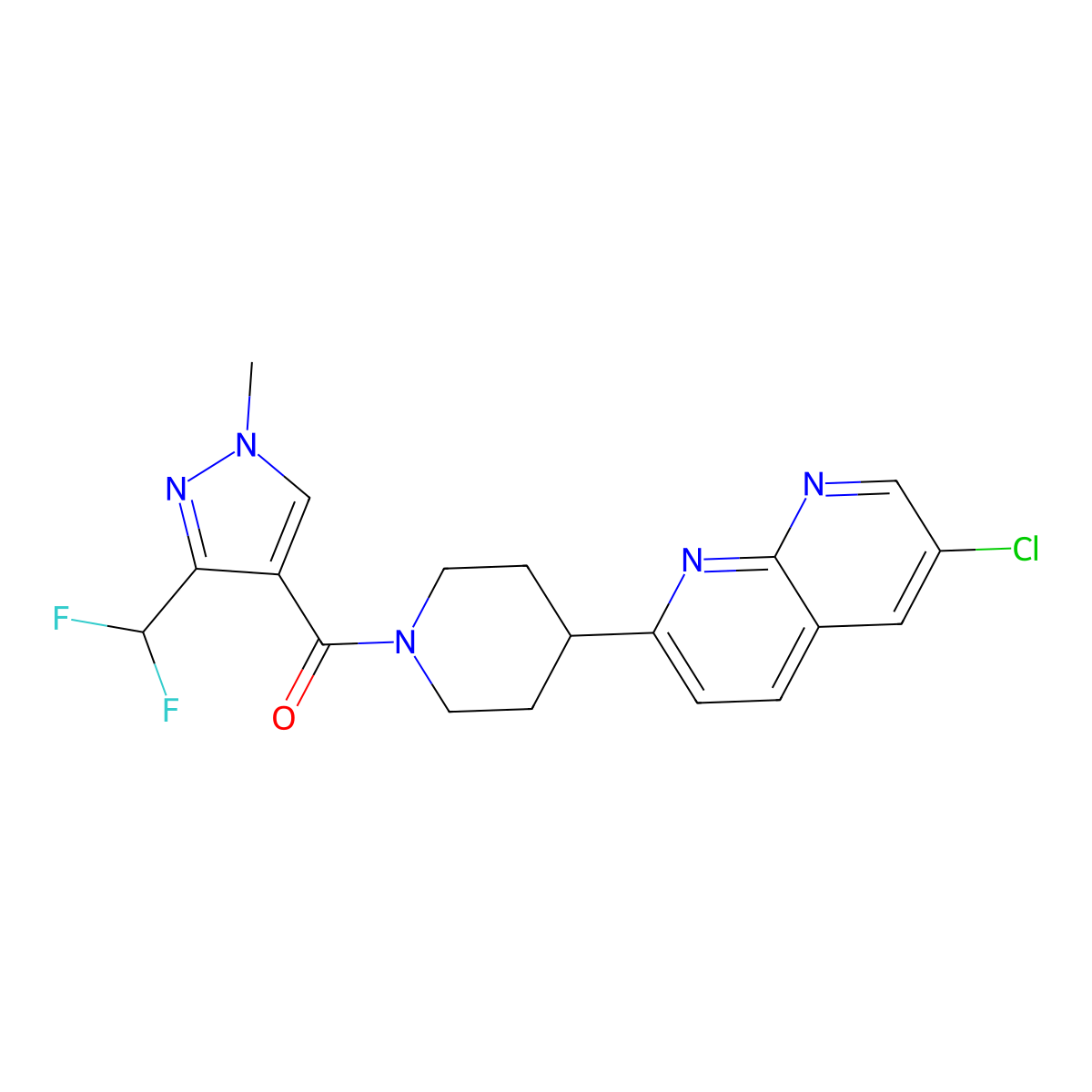 6-chloro-2-{1-[3-(difluoromethyl)-1-methyl-1H-pyrazole-4-carbonyl]piperidin-4-yl}-1,8-naphthyridine molecular structure, CAS 2742010-92-8
