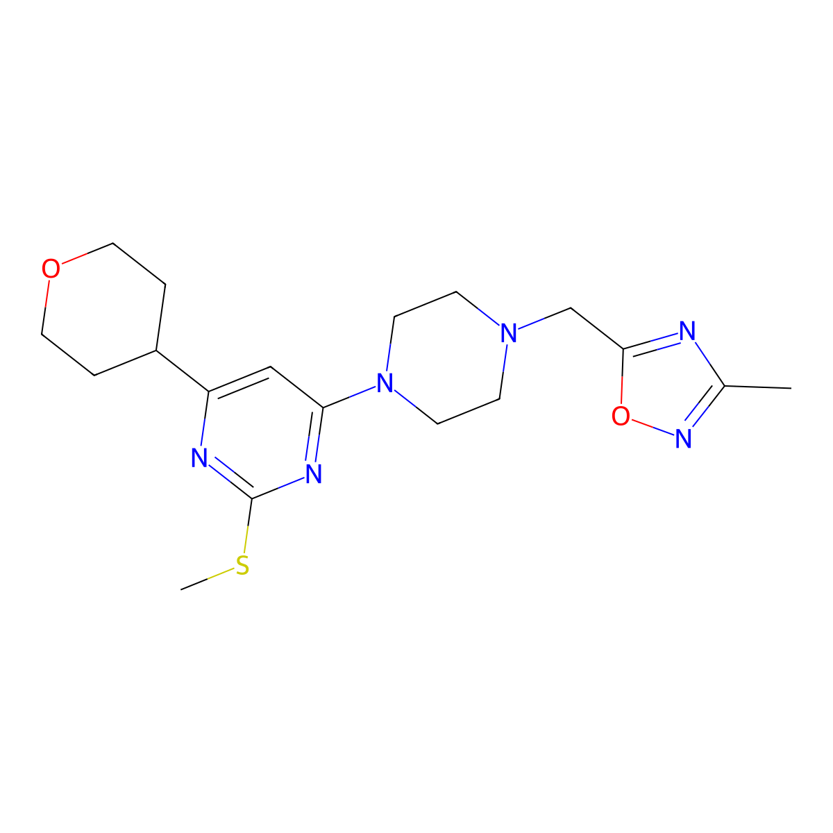 4-{4-[(3-Methyl-1,2,4-oxadiazol-5-yl)methyl]piperazin-1-yl}-2-(methylsulfanyl)-6-(oxan-4-yl)pyrimidine molecular structure, CAS 2742010-98-4