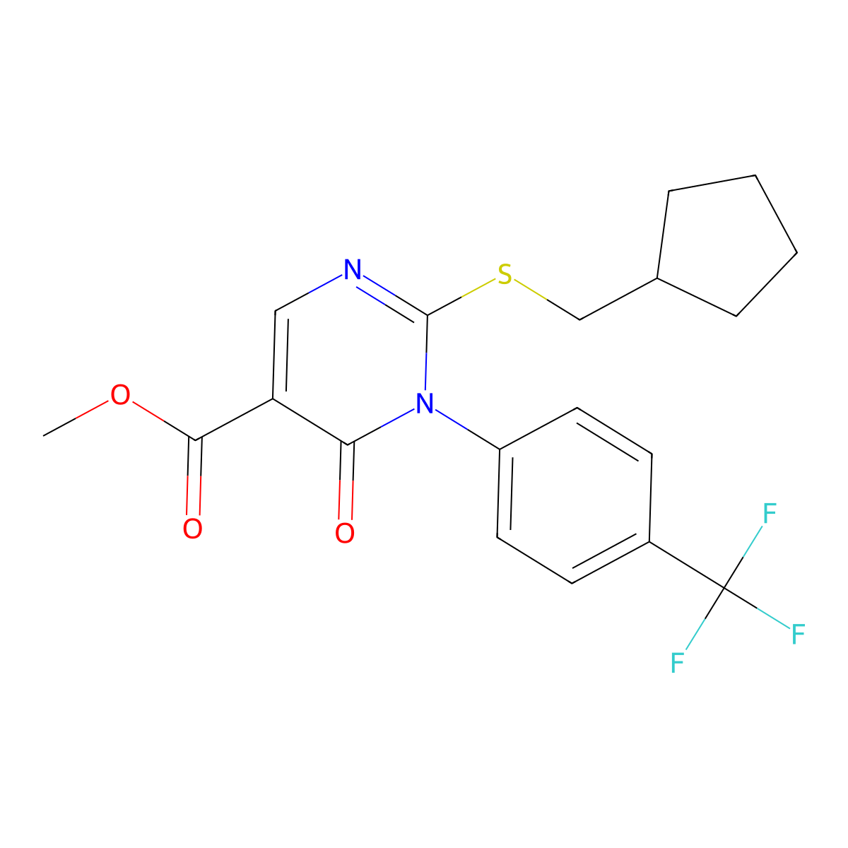 Methyl 2-[(cyclopentylmethyl)sulfanyl]-6-oxo-1-[4-(trifluoromethyl)phenyl]-1,6-dihydropyrimidine-5-carboxylate molecular structure, CAS 2742011-03-4