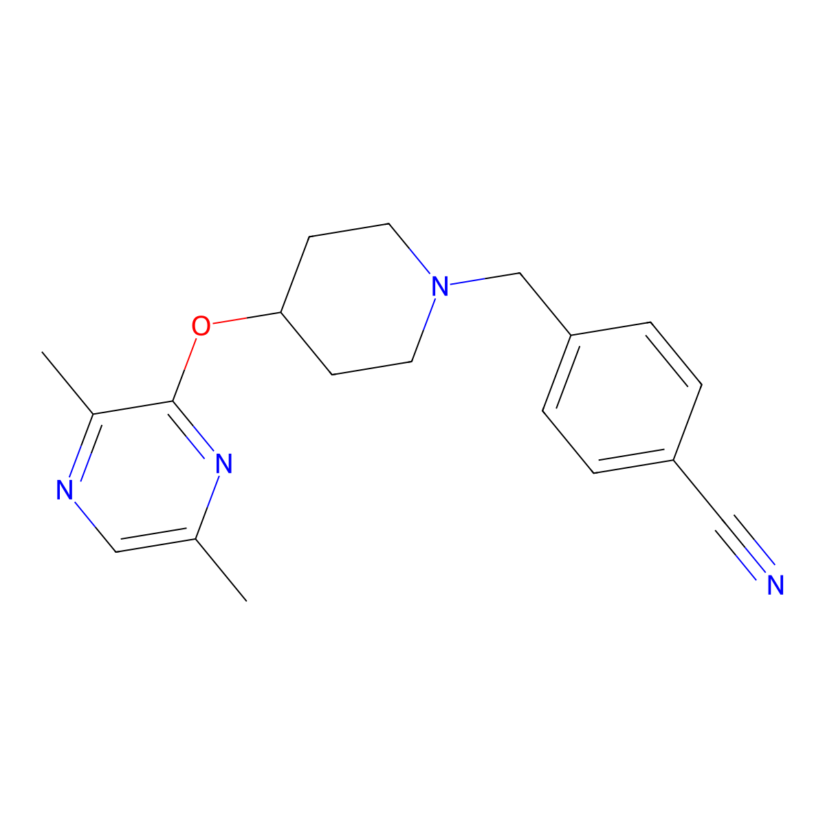 4-({4-[(3,6-Dimethylpyrazin-2-yl)oxy]piperidin-1-yl}methyl)benzonitrile molecular structure, CAS 2742011-14-7