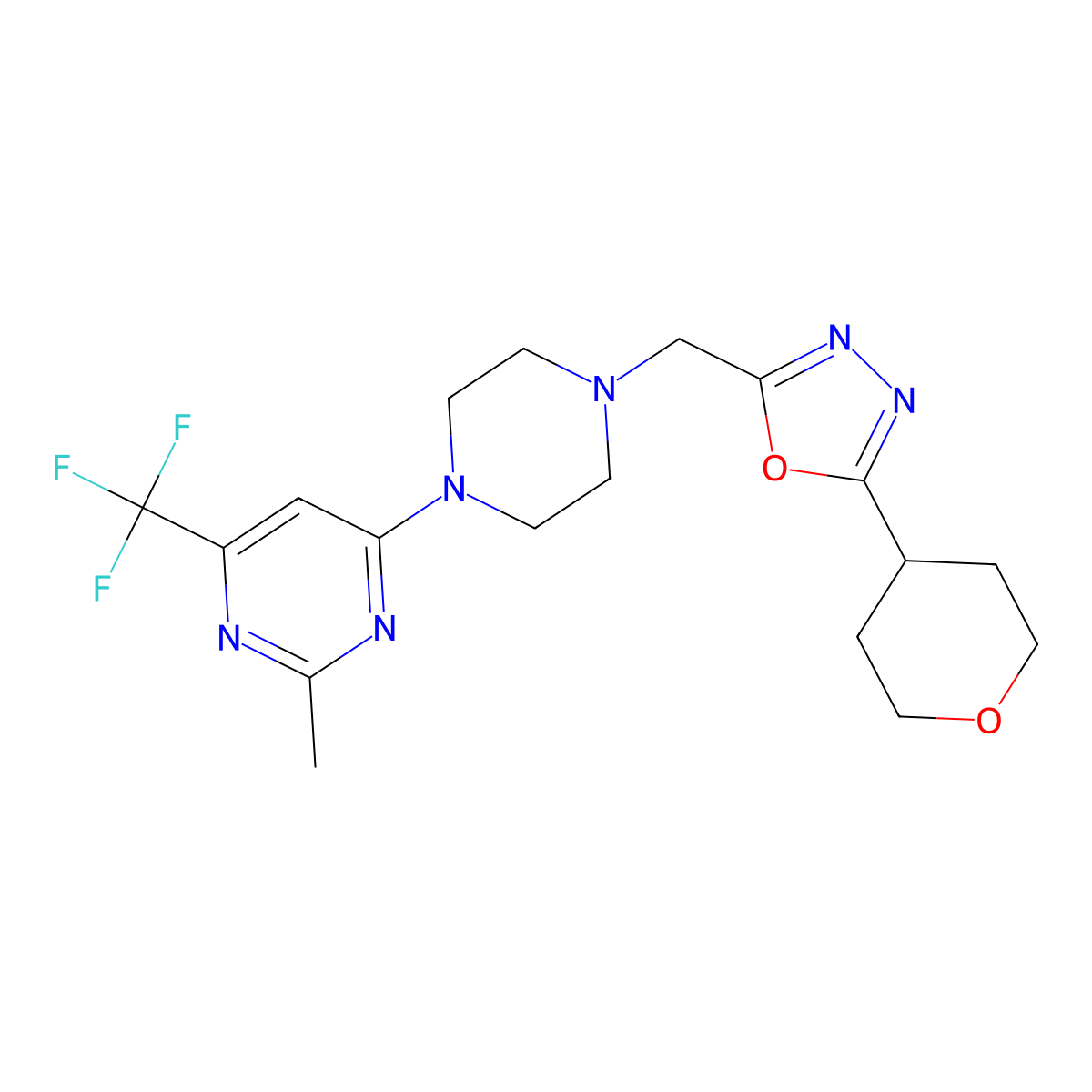 2-Methyl-4-(4-{[5-(oxan-4-yl)-1,3,4-oxadiazol-2-yl]methyl}piperazin-1-yl)-6-(trifluoromethyl)pyrimidine molecular structure, CAS 2742011-18-1