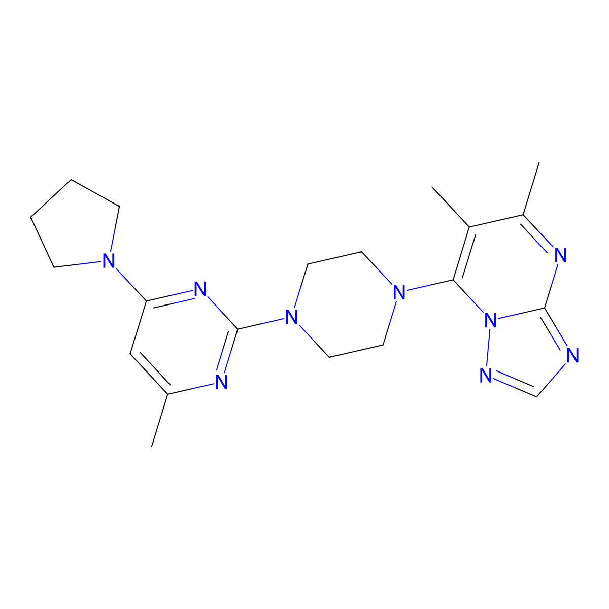 2-(4-{5,6-Dimethyl-[1,2,4]triazolo[1,5-a]pyrimidin-7-yl}piperazin-1-yl)-4-methyl-6-(pyrrolidin-1-yl)pyrimidine molecular structure, CAS 2742011-28-3