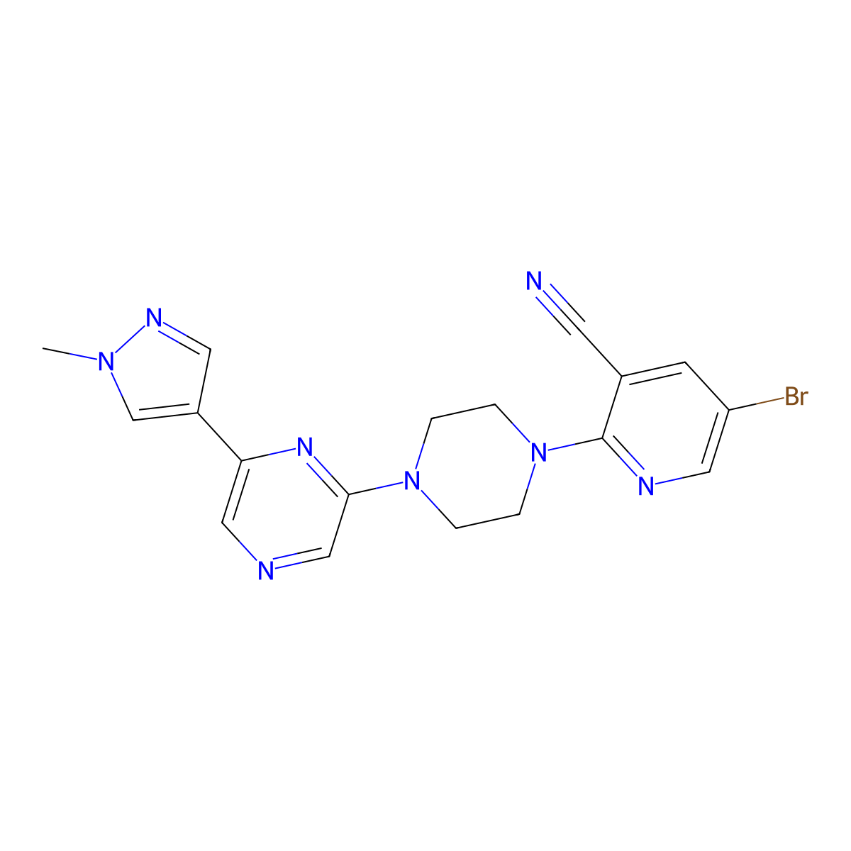 5-bromo-2-{4-[6-(1-methyl-1H-pyrazol-4-yl)pyrazin-2-yl]piperazin-1-yl}pyridine-3-carbonitrile molecular structure, CAS 2742011-37-4