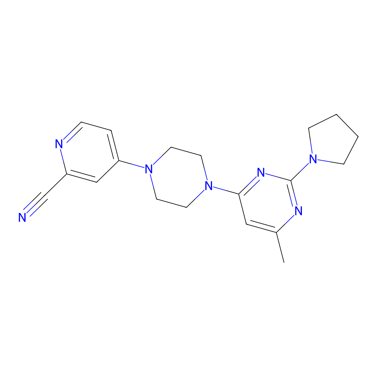 4-{4-[6-Methyl-2-(pyrrolidin-1-yl)pyrimidin-4-yl]piperazin-1-yl}pyridine-2-carbonitrile molecular structure, CAS 2742011-43-2