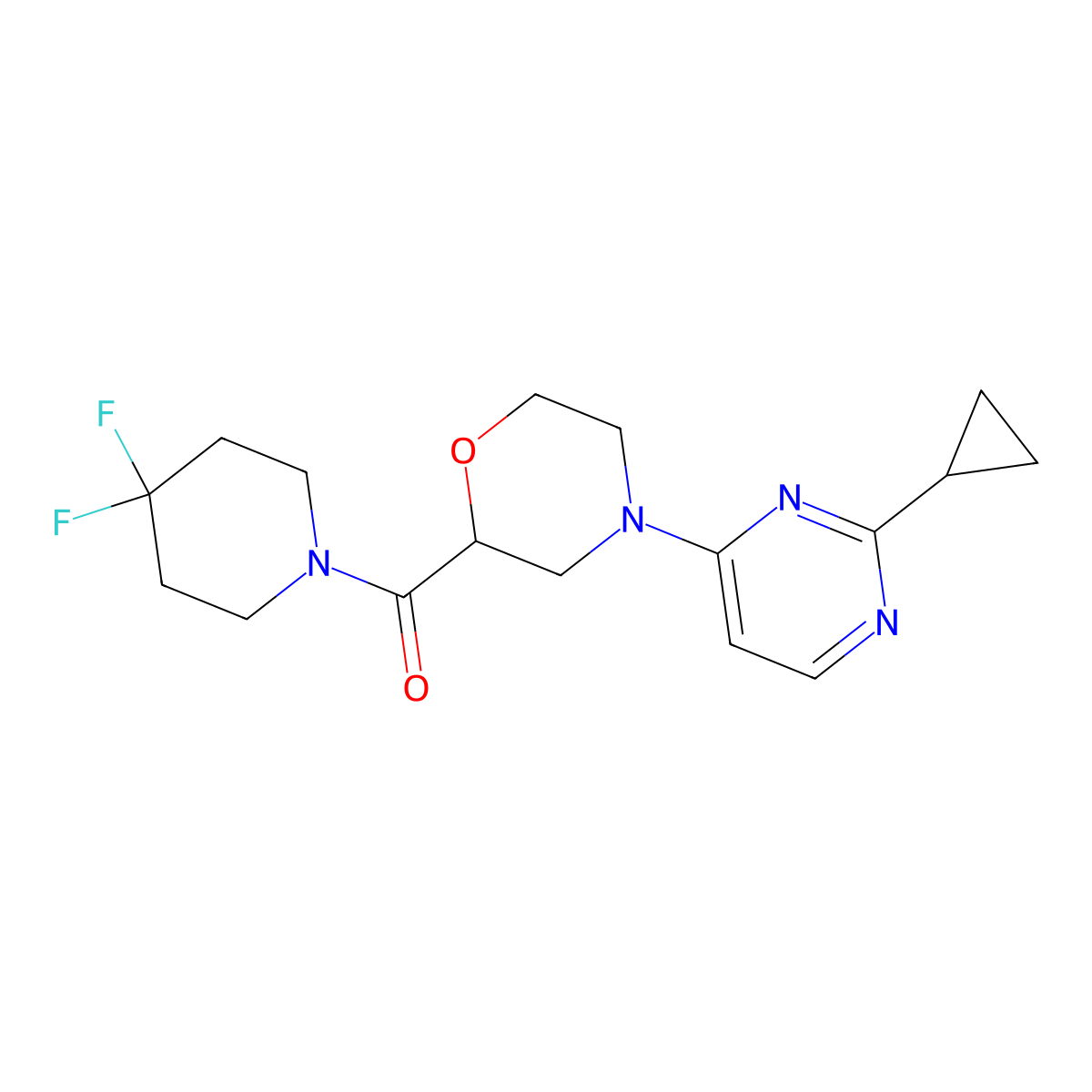 4-(2-Cyclopropylpyrimidin-4-yl)-2-(4,4-difluoropiperidine-1-carbonyl)morpholine molecular structure, CAS 2742011-46-5