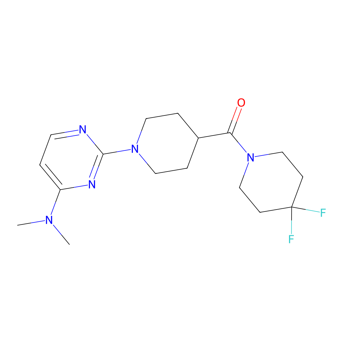 2-[4-(4,4-difluoropiperidine-1-carbonyl)piperidin-1-yl]-N,N-dimethylpyrimidin-4-amine molecular structure, CAS 2742011-49-8