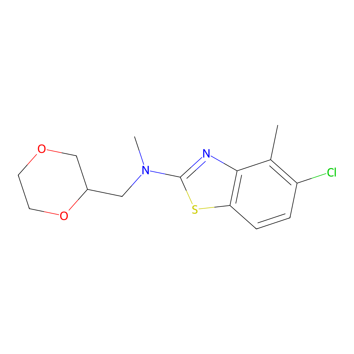 5-chloro-N-[(1,4-dioxan-2-yl)methyl]-N,4-dimethyl-1,3-benzothiazol-2-amine molecular structure, CAS 2742011-59-0