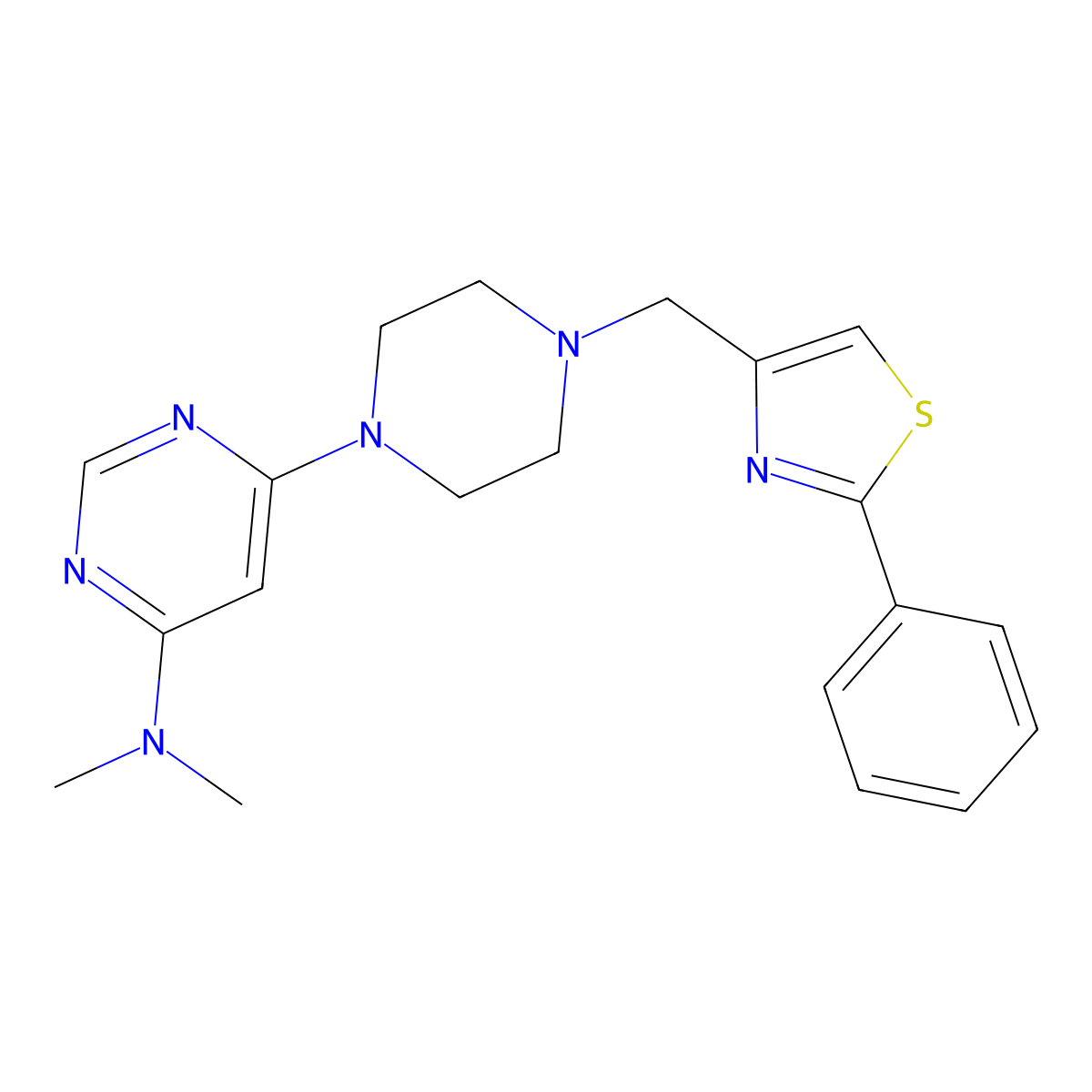 N,N-dimethyl-6-{4-[(2-phenyl-1,3-thiazol-4-yl)methyl]piperazin-1-yl}pyrimidin-4-amine molecular structure, CAS 2742011-61-4