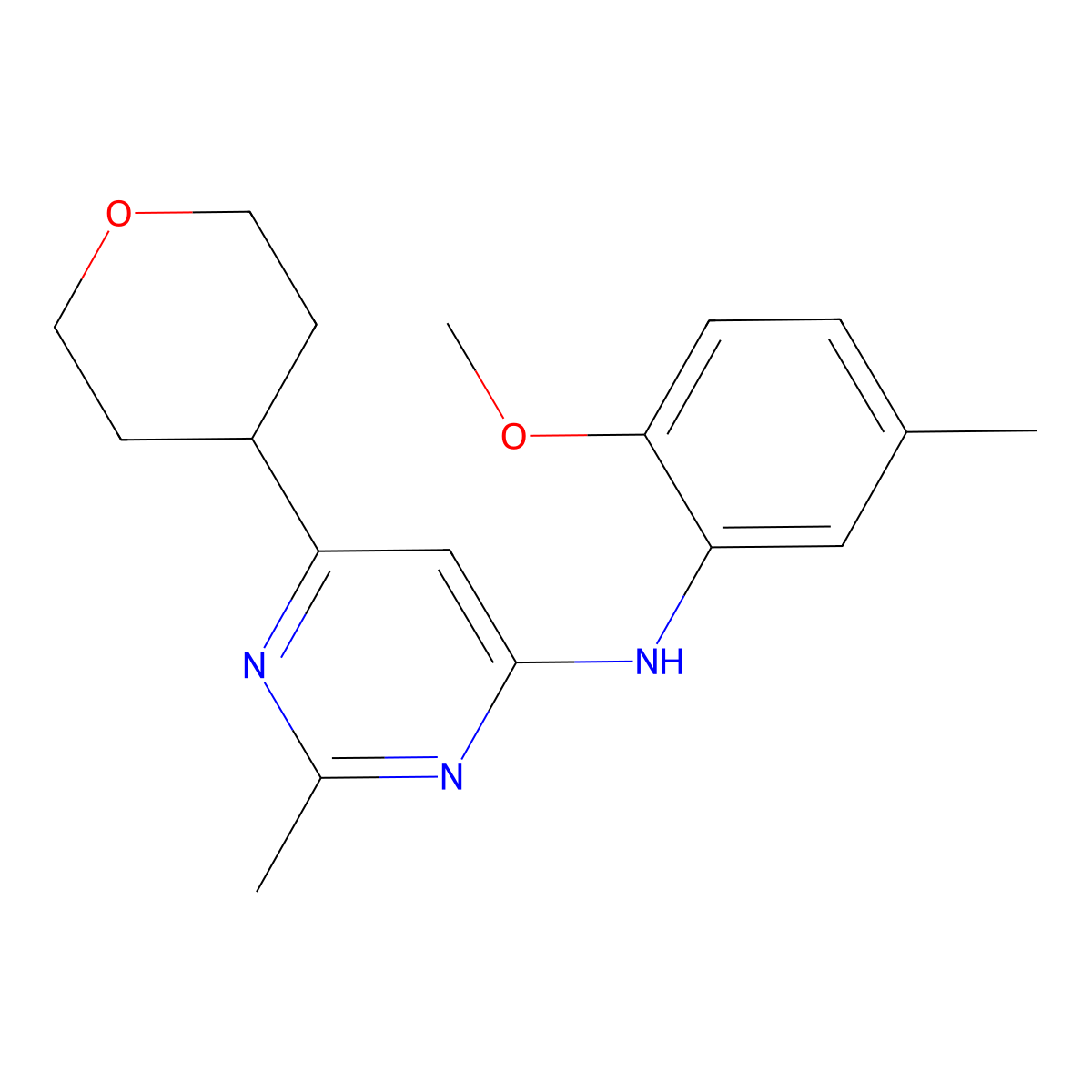 N-(2-methoxy-5-methylphenyl)-2-methyl-6-(oxan-4-yl)pyrimidin-4-amine molecular structure, CAS 2742011-62-5