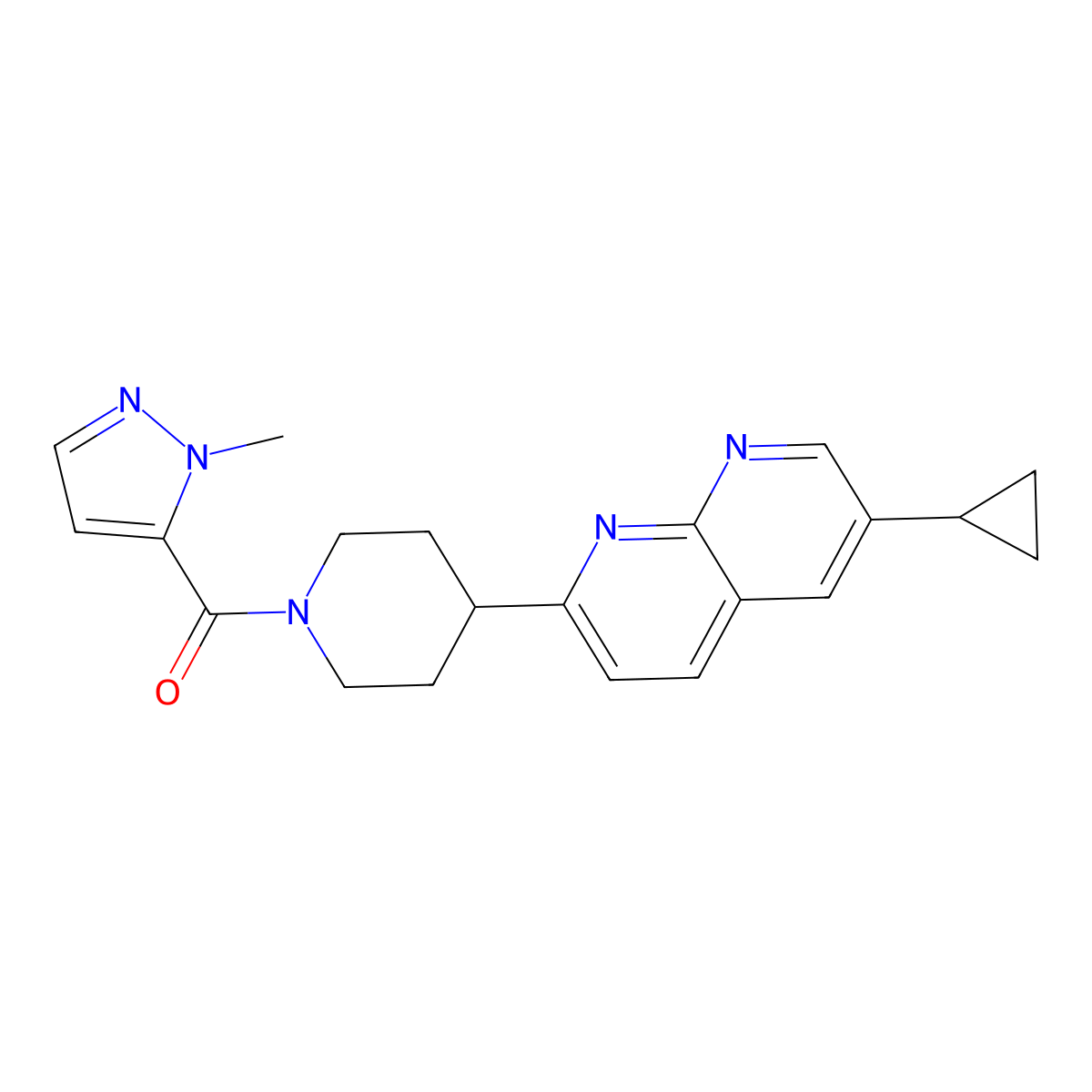 6-cyclopropyl-2-[1-(1-methyl-1H-pyrazole-5-carbonyl)piperidin-4-yl]-1,8-naphthyridine molecular structure, CAS 2742011-68-1