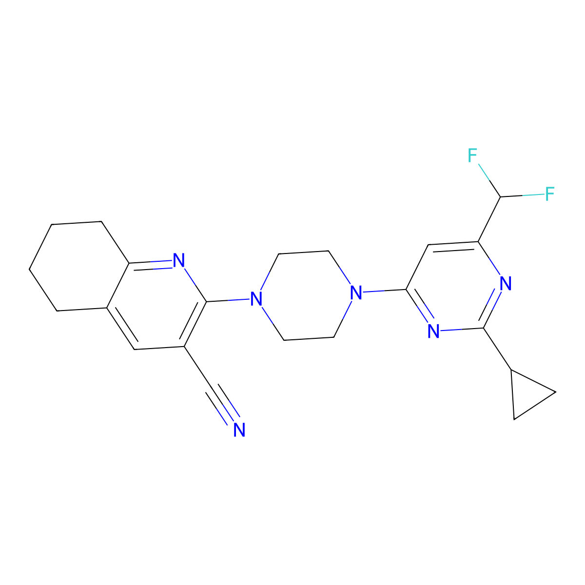 2-{4-[2-Cyclopropyl-6-(difluoromethyl)pyrimidin-4-yl]piperazin-1-yl}-5,6,7,8-tetrahydroquinoline-3-carbonitrile molecular structure, CAS 2742011-77-2