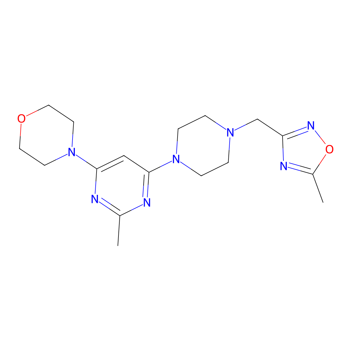 4-(2-Methyl-6-{4-[(5-methyl-1,2,4-oxadiazol-3-yl)methyl]piperazin-1-yl}pyrimidin-4-yl)morpholine molecular structure, CAS 2742011-80-7