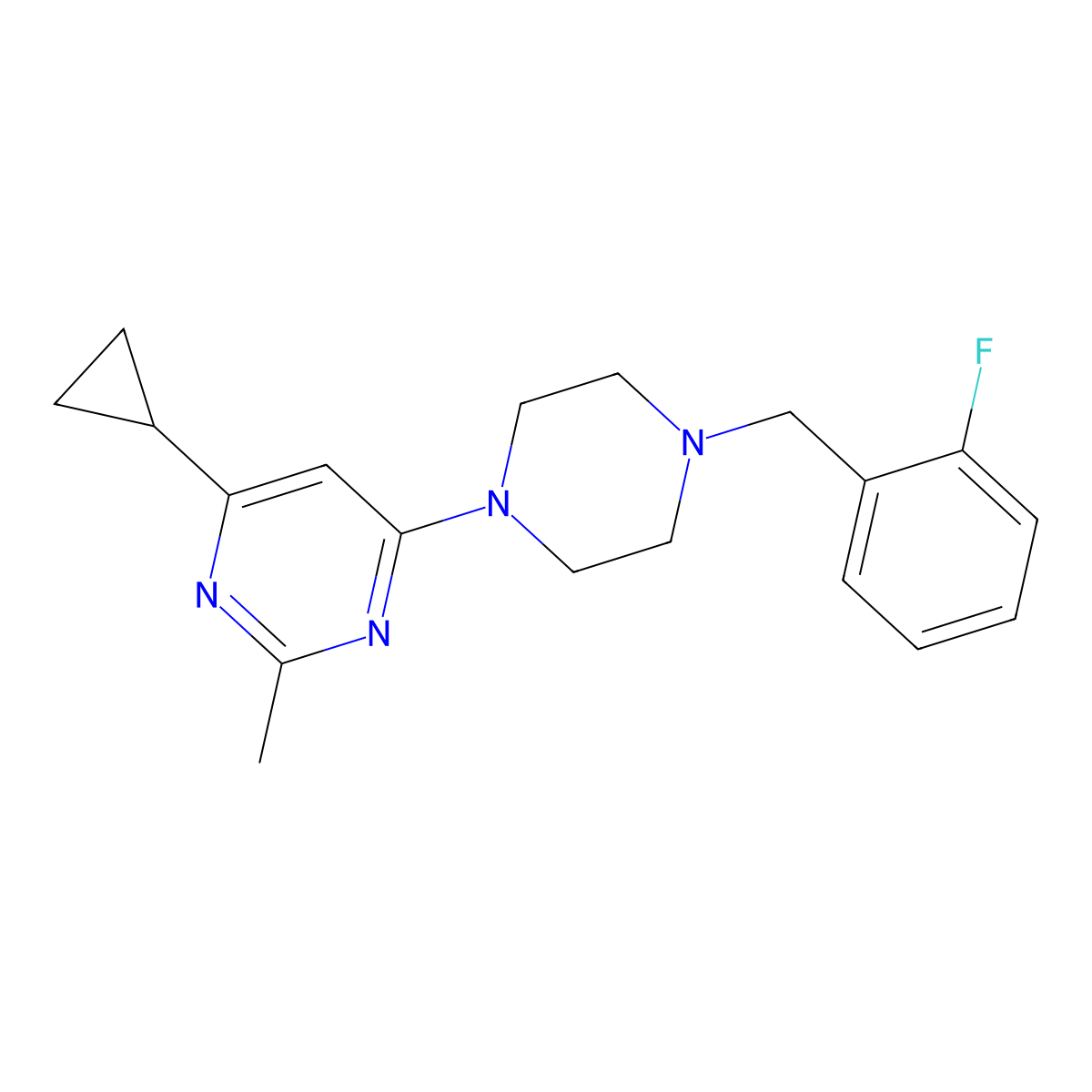 4-Cyclopropyl-6-{4-[(2-fluorophenyl)methyl]piperazin-1-yl}-2-methylpyrimidine molecular structure, CAS 2742011-82-9