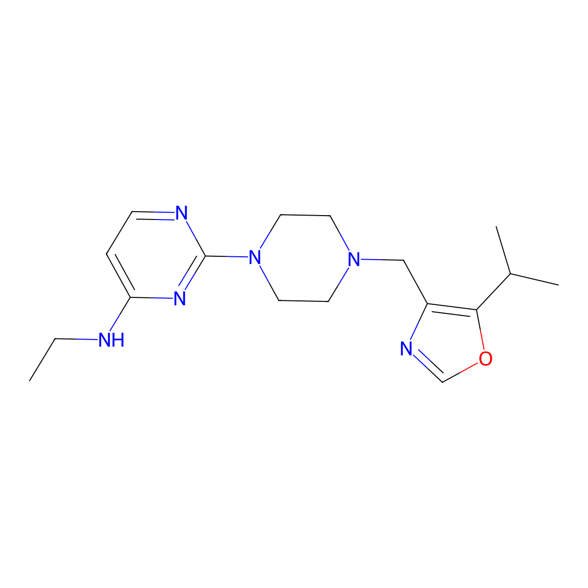 N-ethyl-2-(4-{[5-(propan-2-yl)-1,3-oxazol-4-yl]methyl}piperazin-1-yl)pyrimidin-4-amine molecular structure, CAS 2742011-86-3